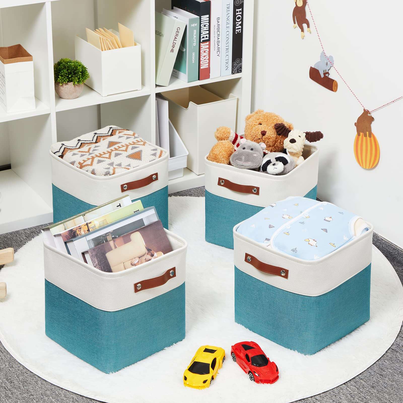 Fabric Storage Cube Bins Baskets for Organizing, 11 inch Cube Storage Baskets, Set of 4, Collapsible Storage Baskets with Handles, Closet Organizers and Storage Home Toy Nursery Bedroom(White Teal) 4