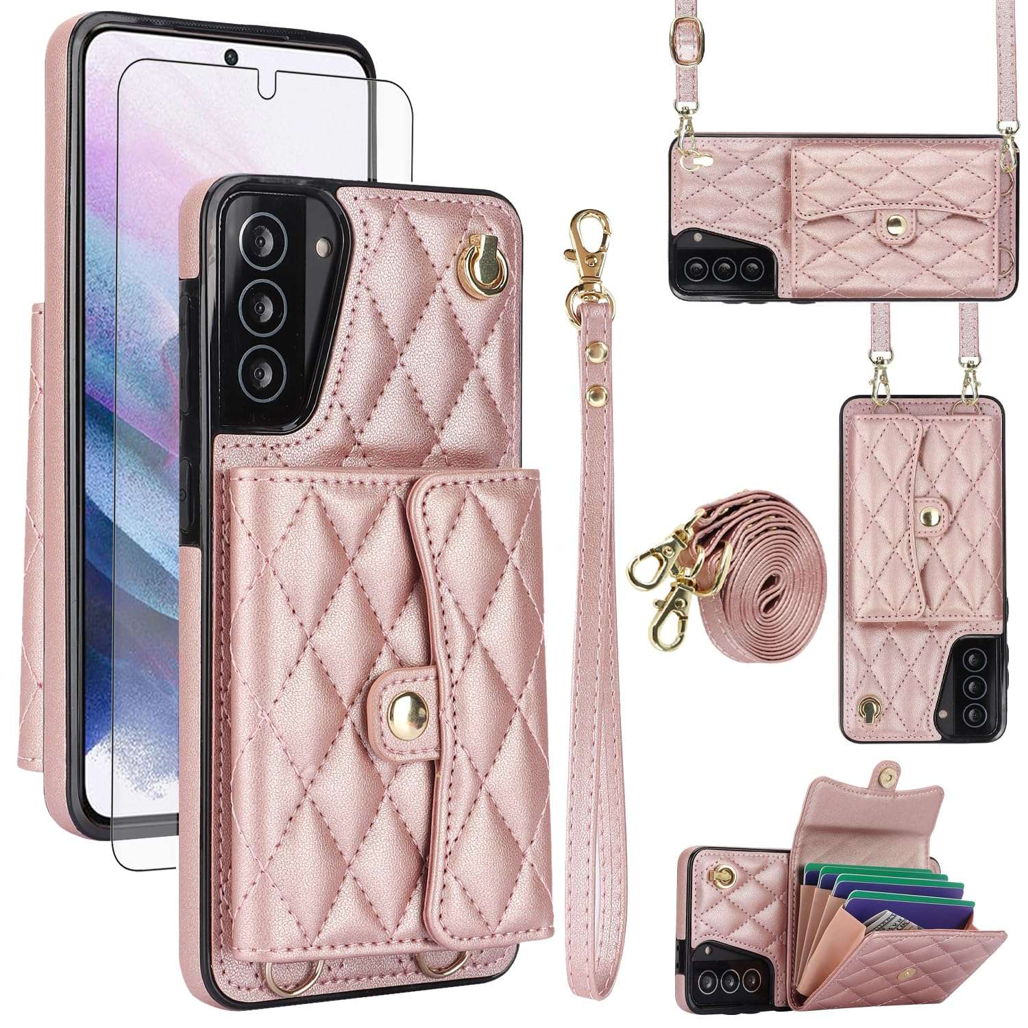 Asuwish Phone Case for Samsung Galaxy S21 Plus S21+ 5G Wallet Cover with Stand RFID Credit Card Holder Strap Lanyard Leather Cell Accessories S21+5G S21plus 21S + S 21 21+ G5 Women Girls Rose Gold 1