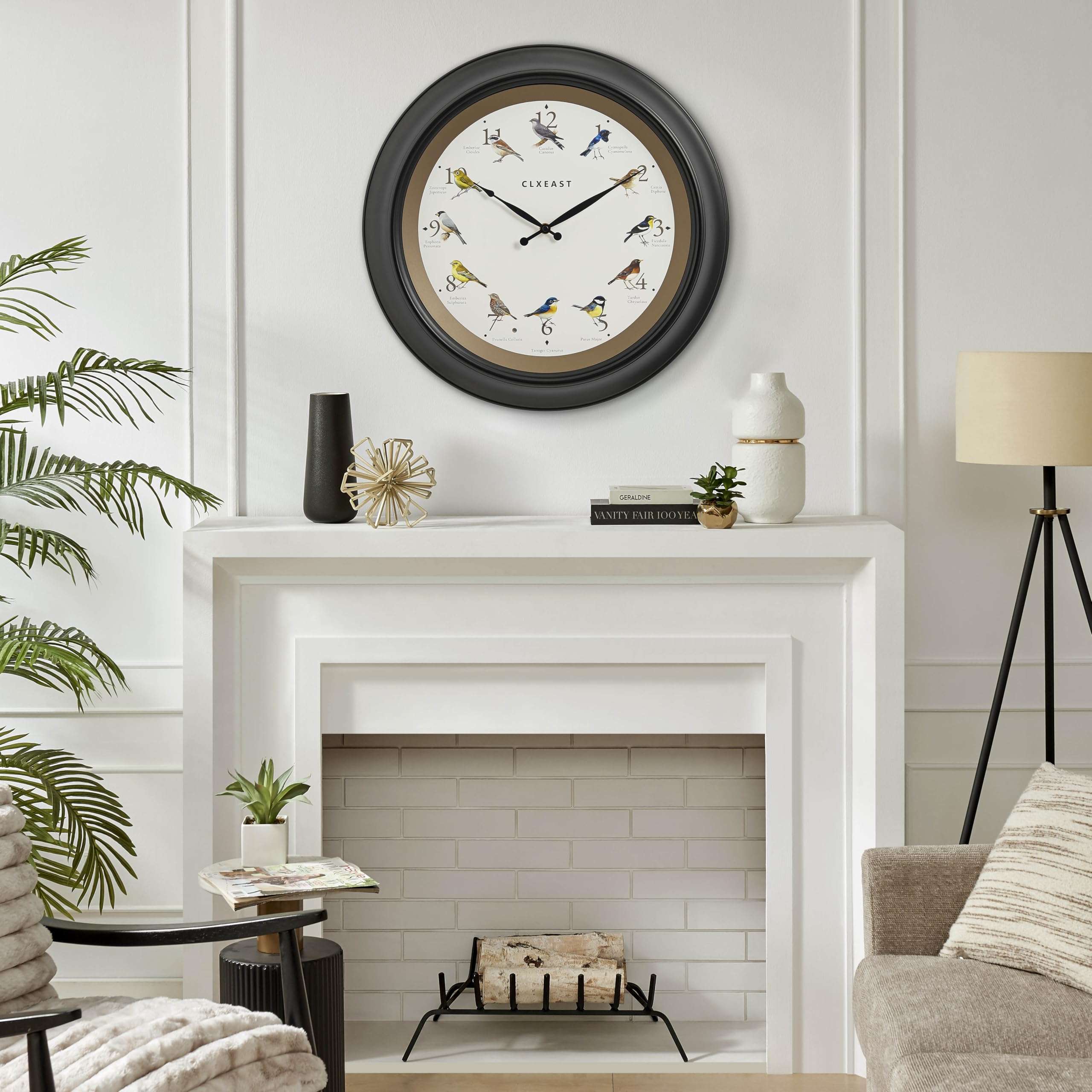 CLXEAST 30 Inch Large Oversized Roman Numeral Decorative Black Metal Wall Clock for Living Room Decor 18 Inch in/Outdoor Singing Bird Wall Clock,Auto Silent Night Mode 6