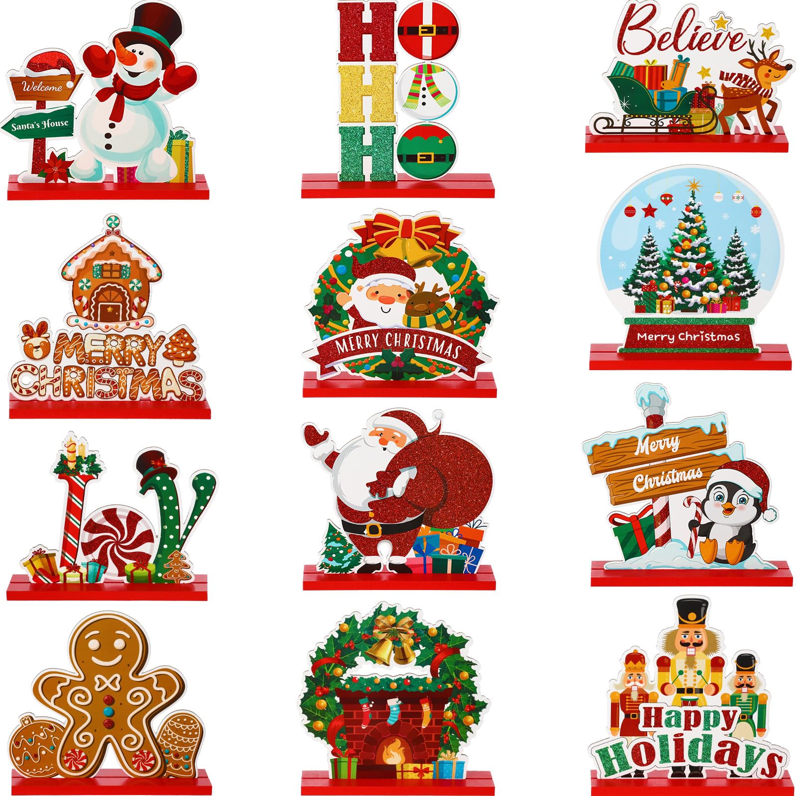 Soaoo 12 Pcs Christmas Centerpieces for Tables Duplex Printing Christmas Table Decorations Snowman Santa Reindeer Gingerbread Man Christmas Table Sign Christmas Decor Xmas Holidays Ornament, 12 Styles