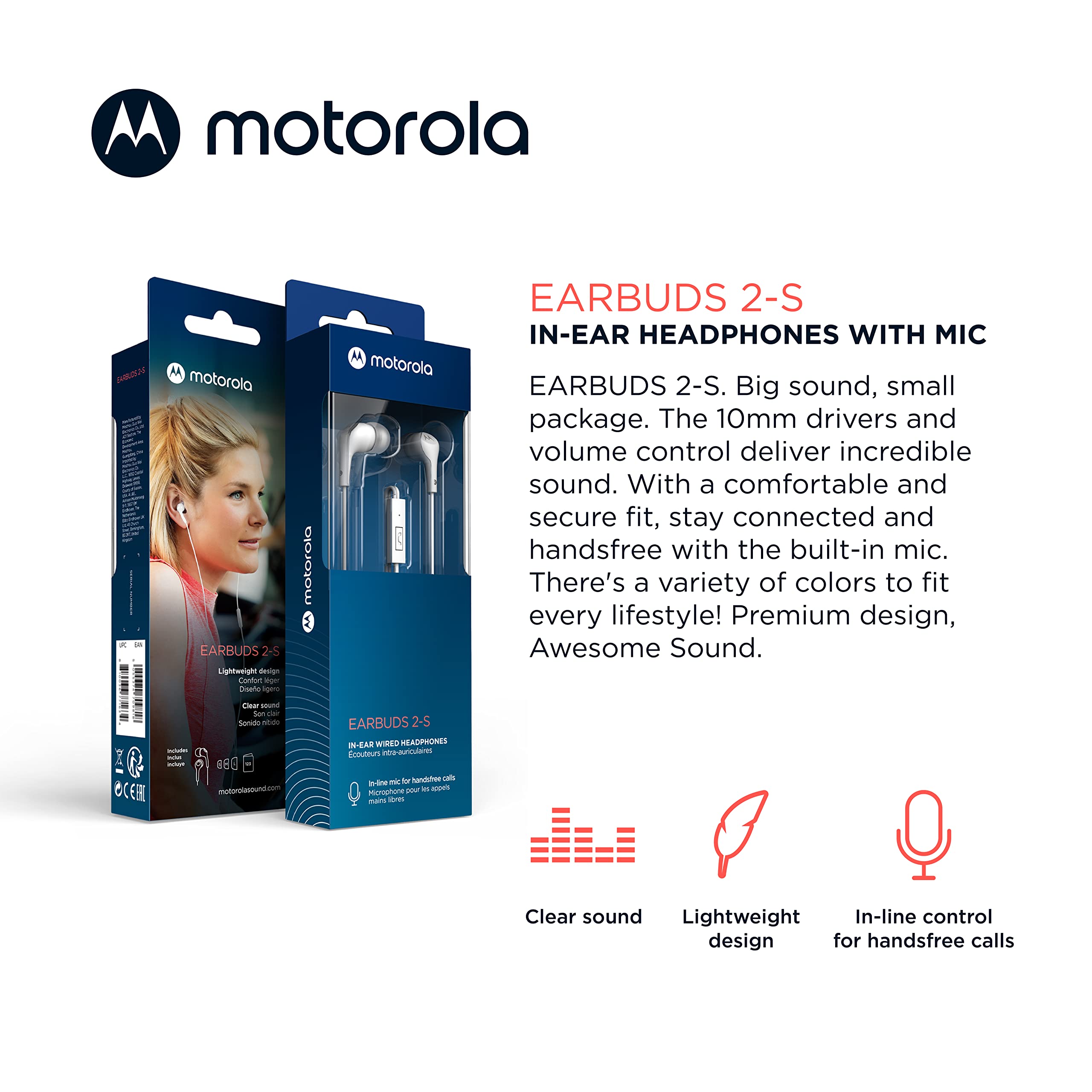 Motorola Wired Earbuds with Microphone - Earbuds 2-S Corded in-Ear Headphones, Control Button for Calls/Music, Comfortable Lightweight Silicone Ear Buds, Clear Bass Sound, Noise Isolation - White 2