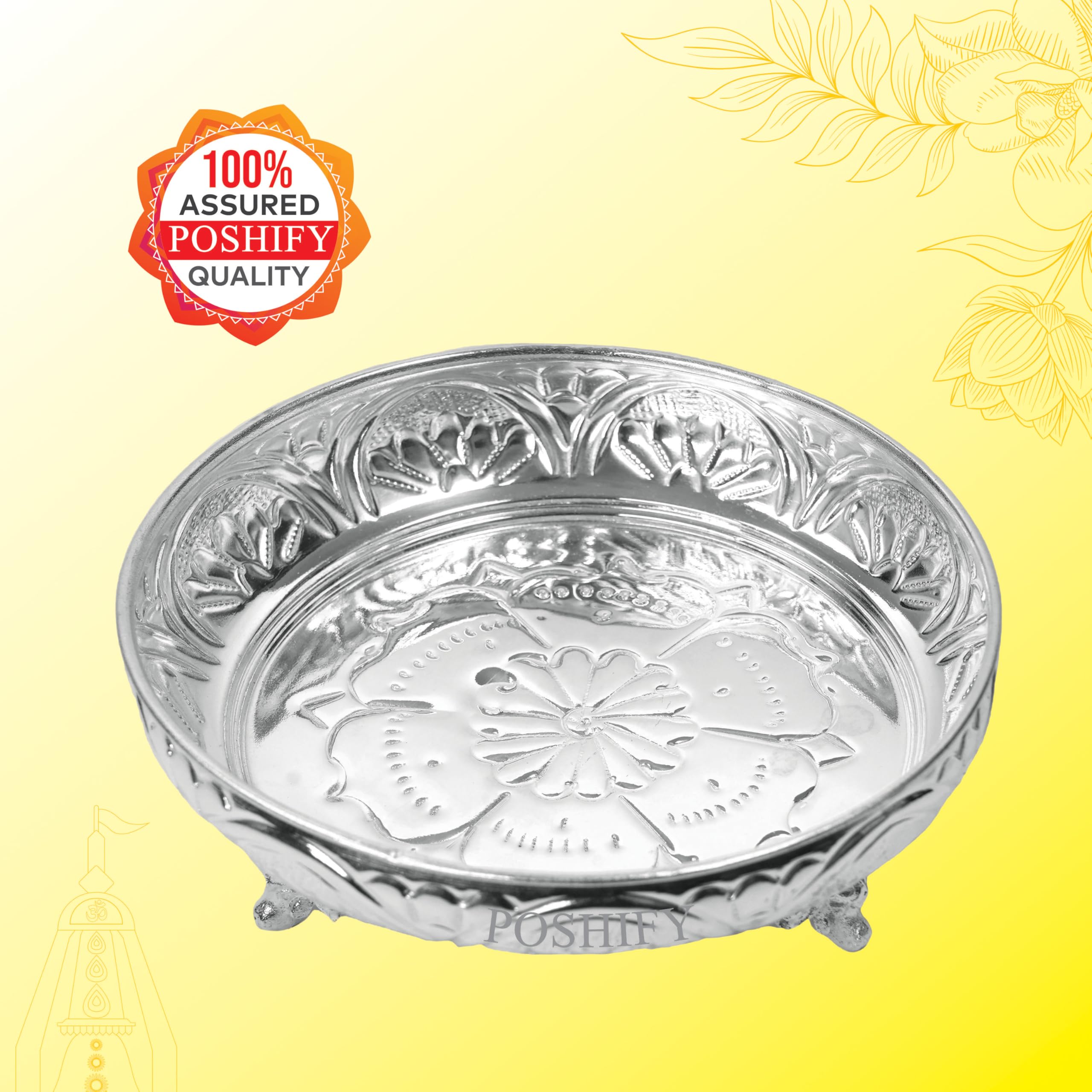 Poshify German Silver Pooja Plate with Leg for Spiritual Growth, Home Decor, Traditional Puja Thali, Aarti Plate, Temple Decoration, Puja Room Essentials, Diwali Decorations, Handcrafted Silverware 6