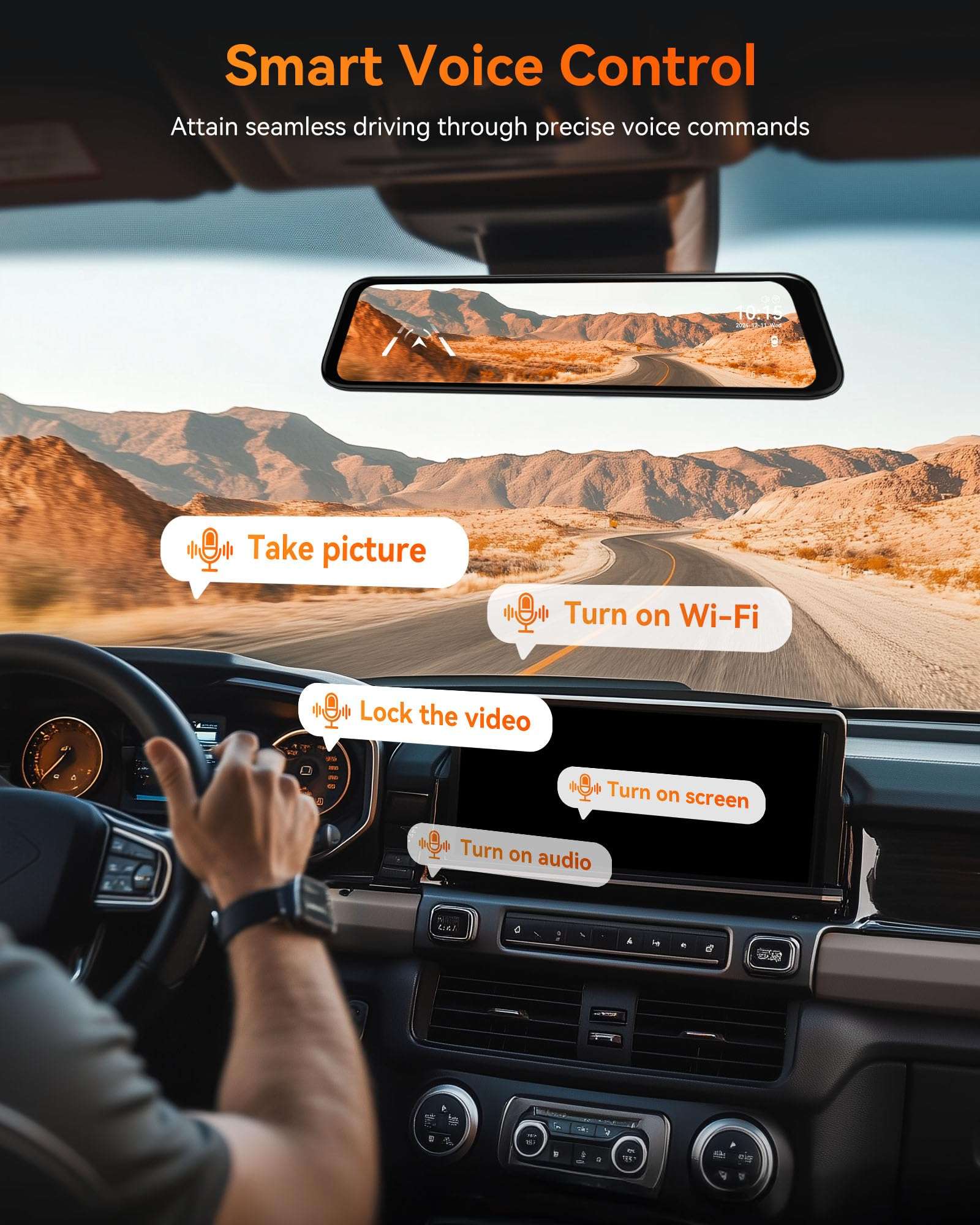 WOLFBOX G840H 12'' Mirror Dash Cam with ADAS and BSD, 2.5K Rear View Mirror Camera Front and Rear, 5.8GHz WiFi, Voice Control, Parking Monitor, Included 32GB Card & GPS, Loop Recording 6