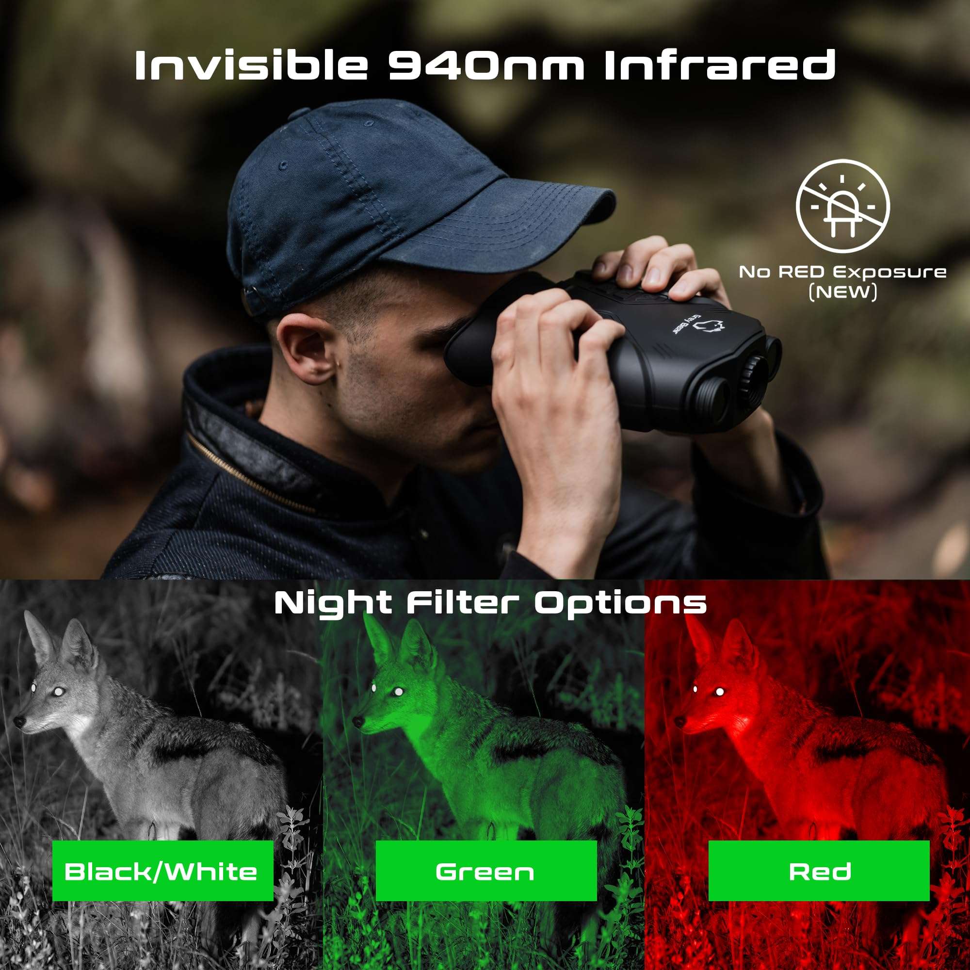 Grey Bear Night Vision Goggles PRO 2, 9X Magnification Infrared Binoculars for Adults, FHD 60FPS Video (REAL*) to Capture Fast Motion, No-Glare IR, 32GB - Hunting, Camping, Hiking, Security (NVB-200F) 3