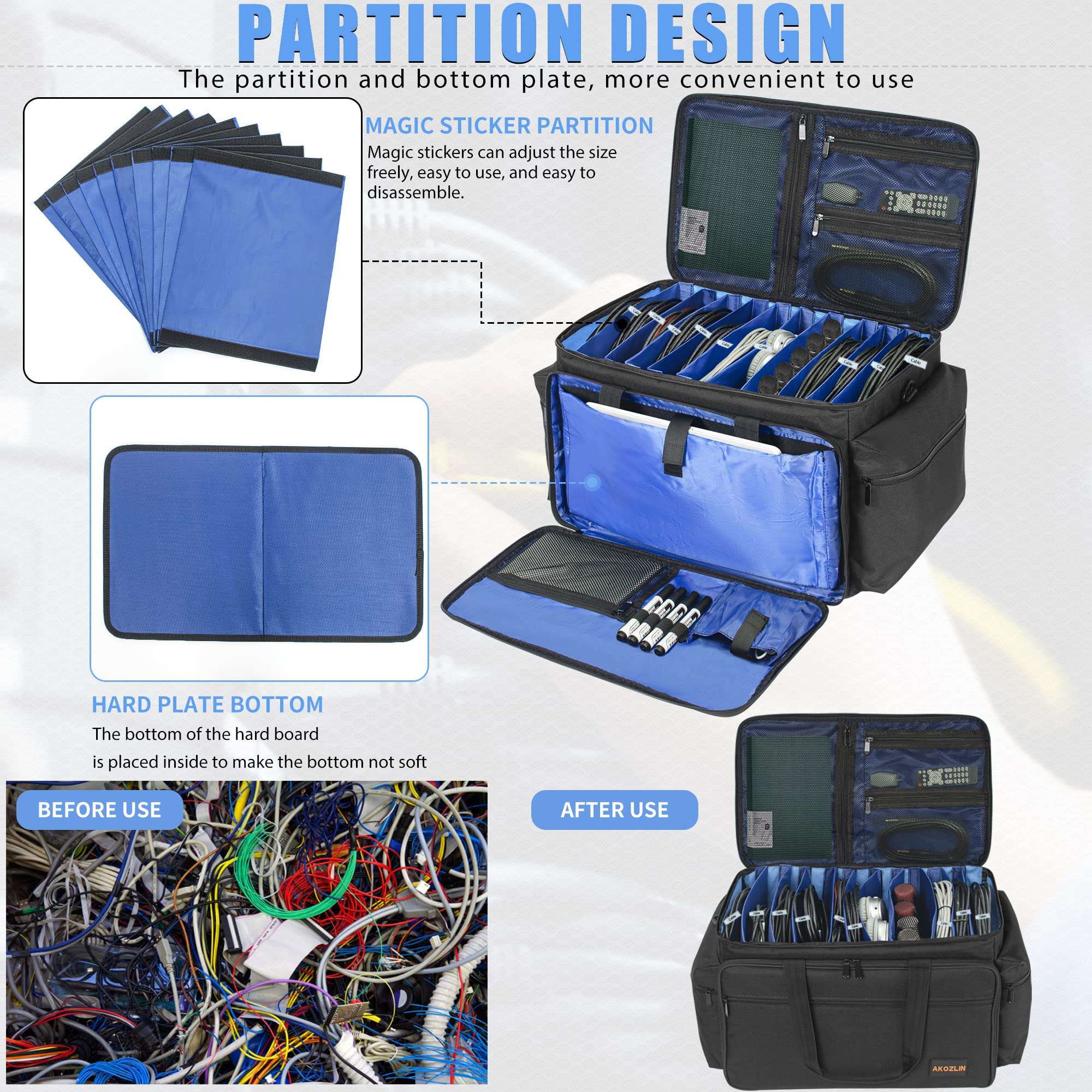 AKOZLIN Cable File Bag with Detachable Dividers, DJ Gig Bag Cord Organizer Case for Laptop,DJ Gear, Sound Instrument and Music Equipment Accessories Large 6