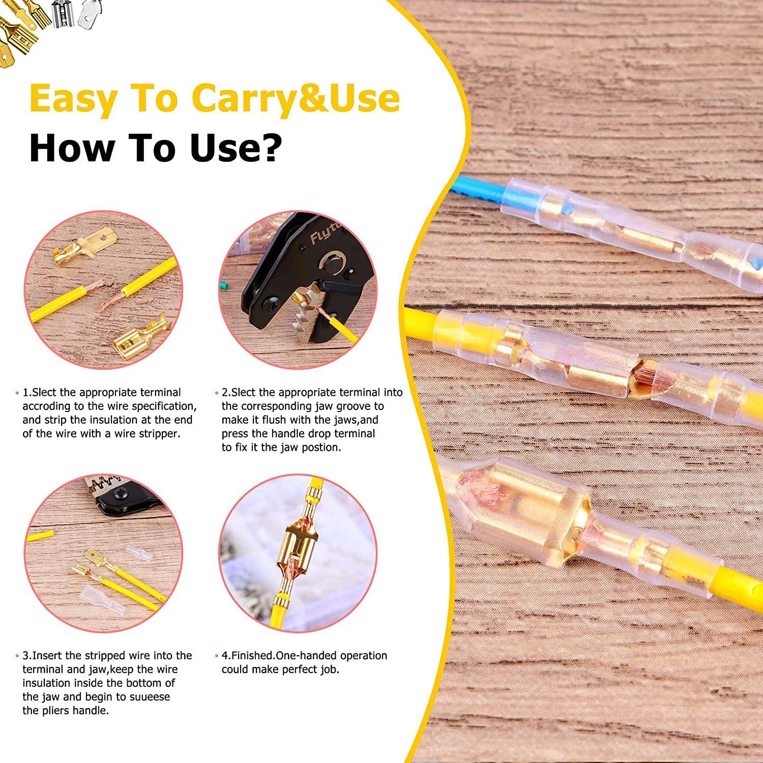 Serplex® Crimping Tool Kit, Adjustable Ratcheting Crimper Pliers with 600 Spade Connectors, Alloy Steel, AWG 22-16, for Home, Auto, and Audio Systems, 300 Wire Crimp Terminals and Sleeves 5