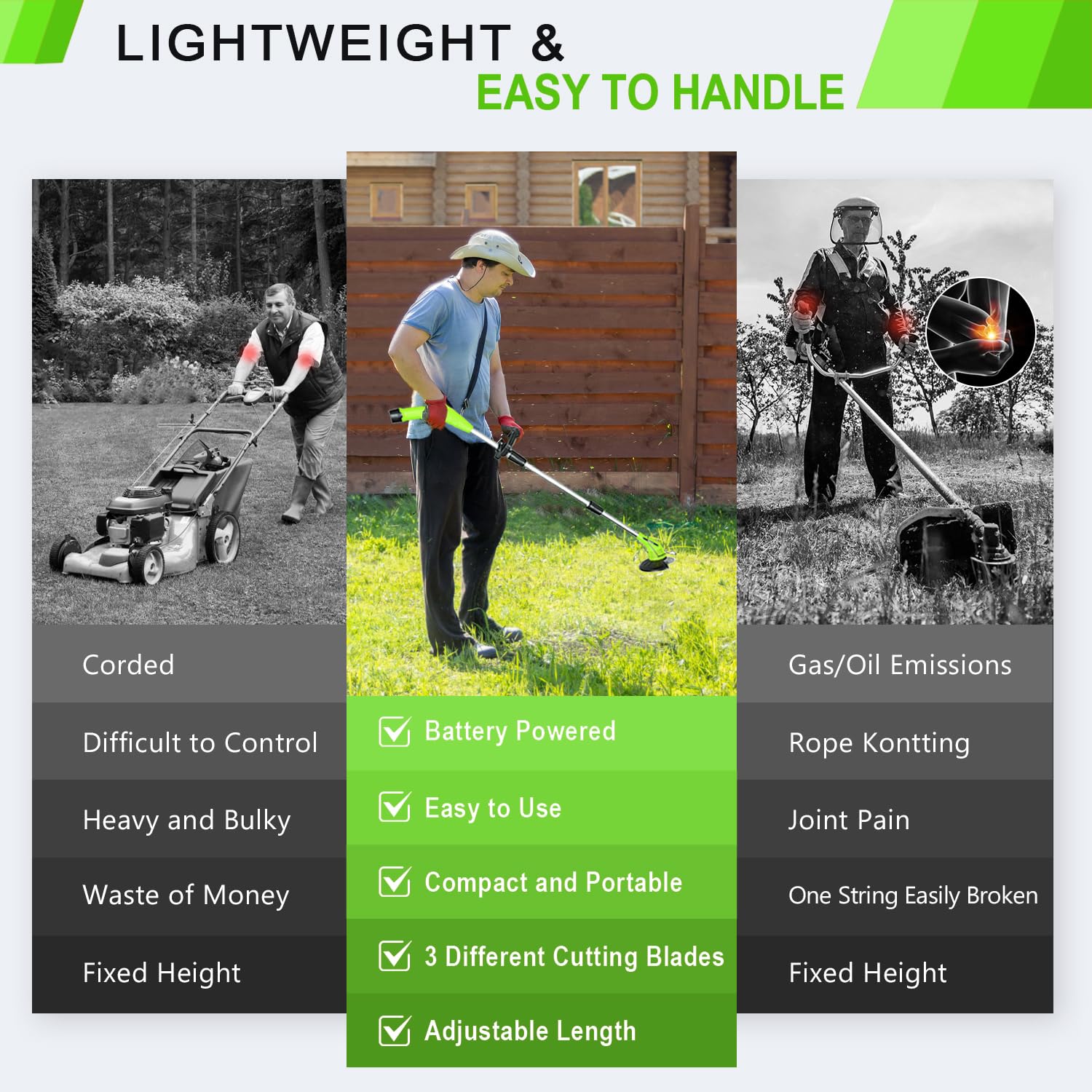 GardenJoy Weed Wacker Battery Operated: 12V Cordless Grass Trimmer with 2Pcs 2.0Ah Batteries, Fast Charger and 3 Types Cutting Blades, Portable Electric Lawn Trimmer for Garden Yard Weeding Work 5