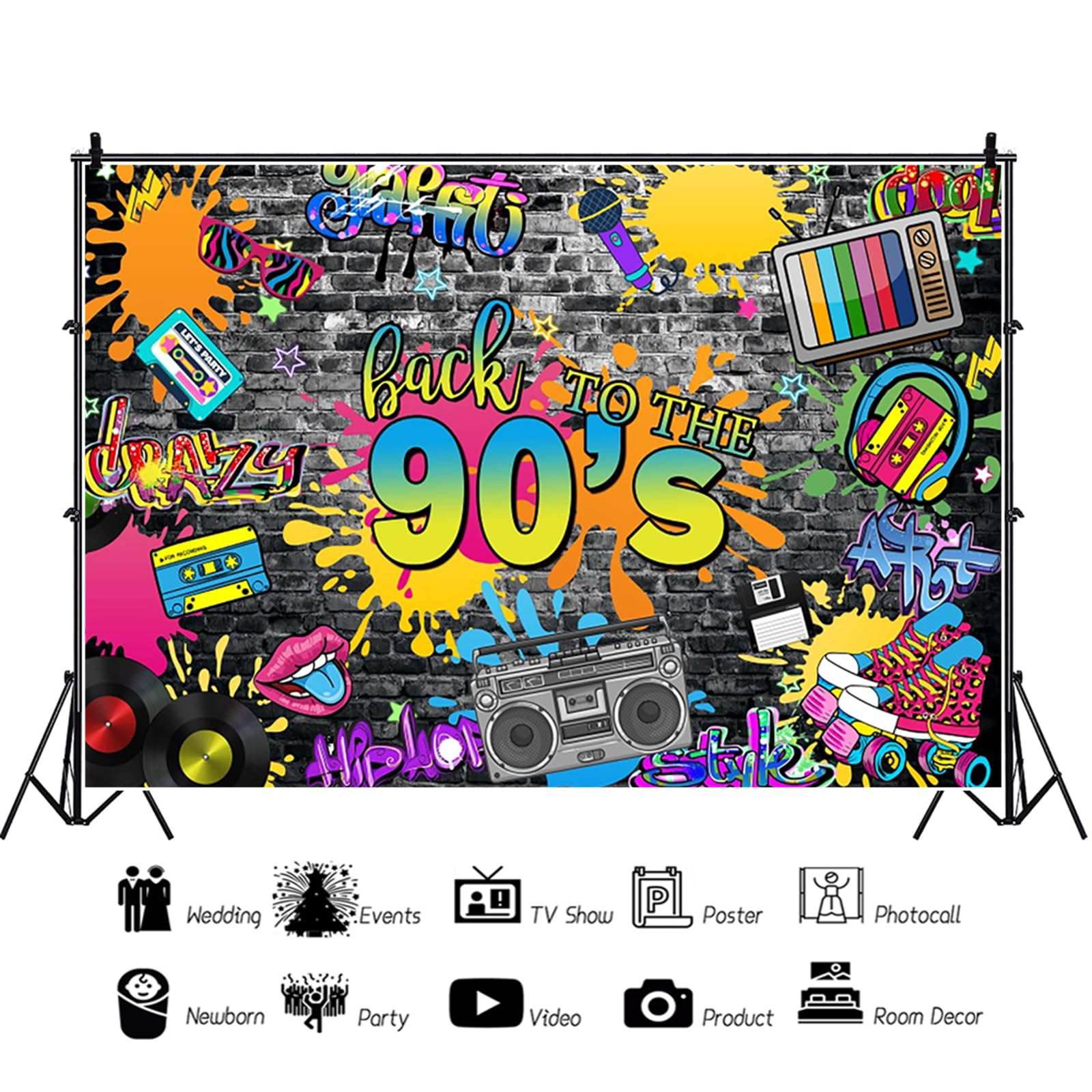 7x5ft 90s Backdrop Back to The 90s Photography Background Hip Pop Graffiti Brick Wall Retro Radio Fashion 90s Theme Party Banner Decorations Supplies Photo Booth Props 2