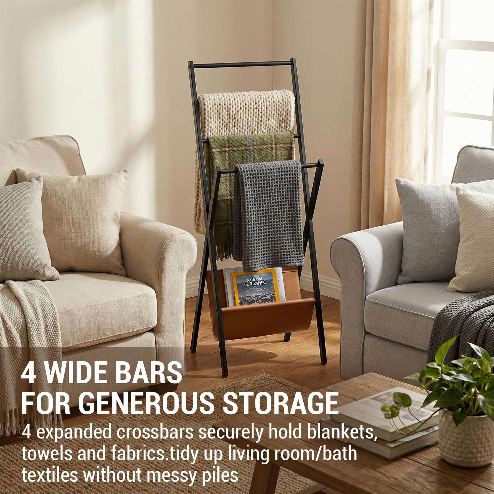MyGift Blanket Ladder, Freestanding Blanket and Towel Rack with 4 Crossbars and Tan Leatherette Magazine Storage Holder – Modern Metal Floor Living Room or Bathroom Organizer Stand 3