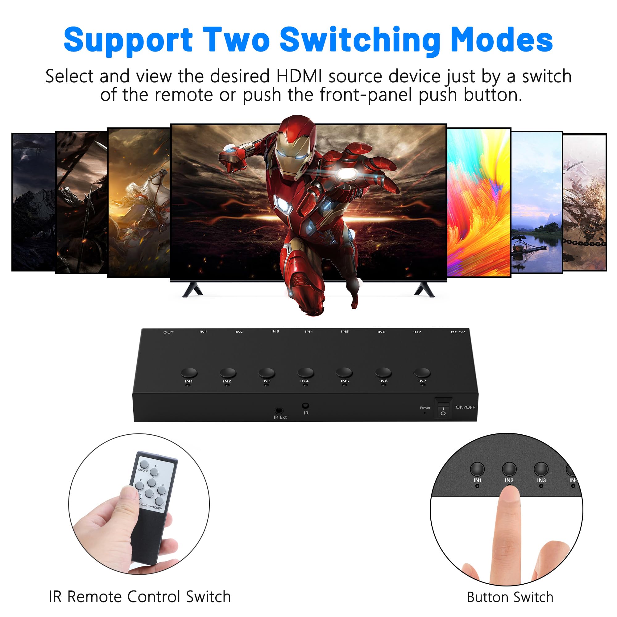 4K@60Hz 7 in 1 Out HDMI Switch, 7 Port HDMI Switcher Selector Support HDR10 & HDCP 2.2 & Full 3D with IR Remote Control and ON/Off Switch for Nintendo Switch,Xbox PS5/PS4,Fire Stick,Roku,Apple TV 4