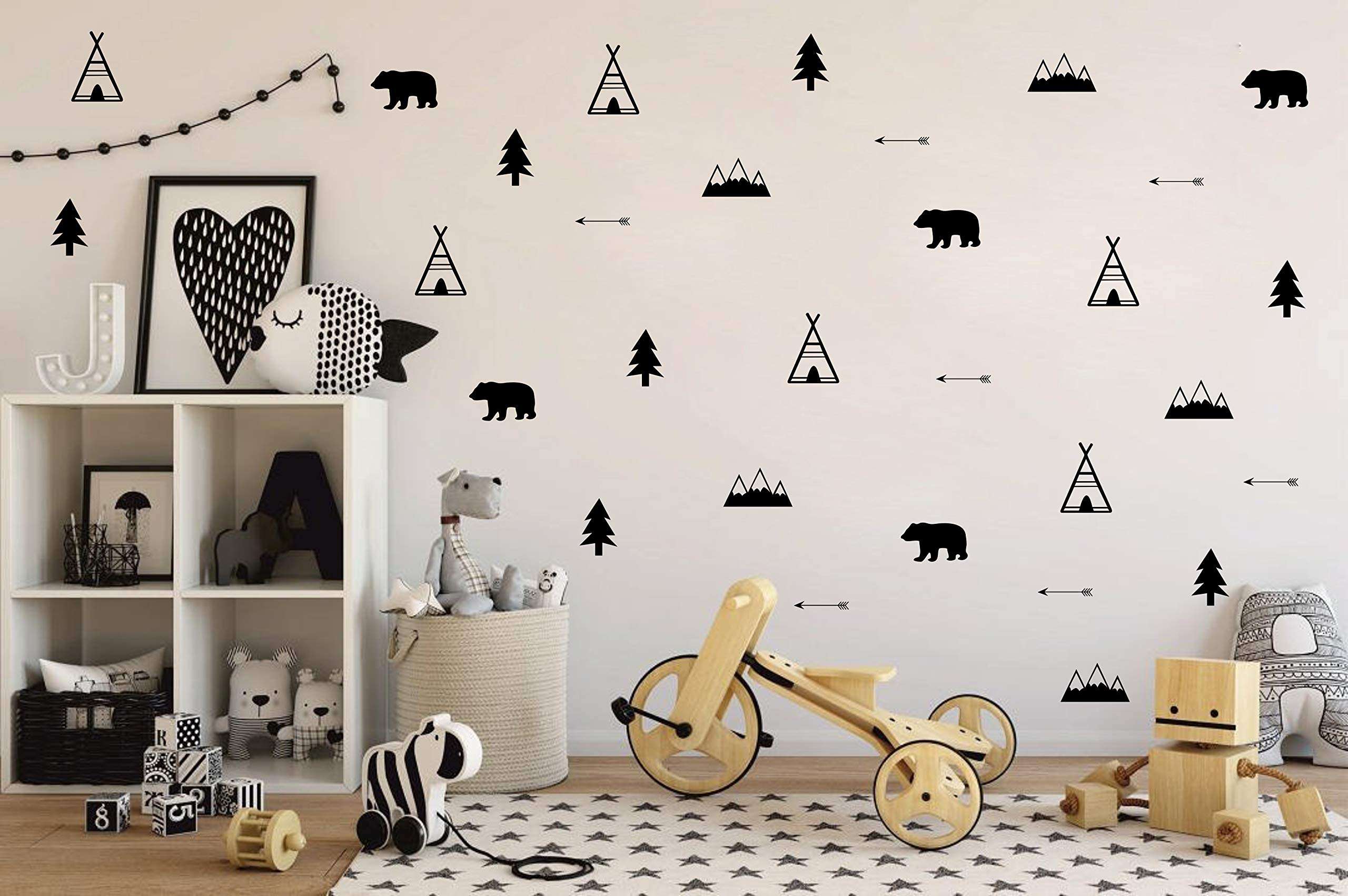 Woodland Wall Decal, Bears, Arrow, Teepees, Trees and Mountains Decor, Matte Vinyl Wall Stickers for Baby Bedroom, Nursery Wall Decals(Y05) (Black) 4