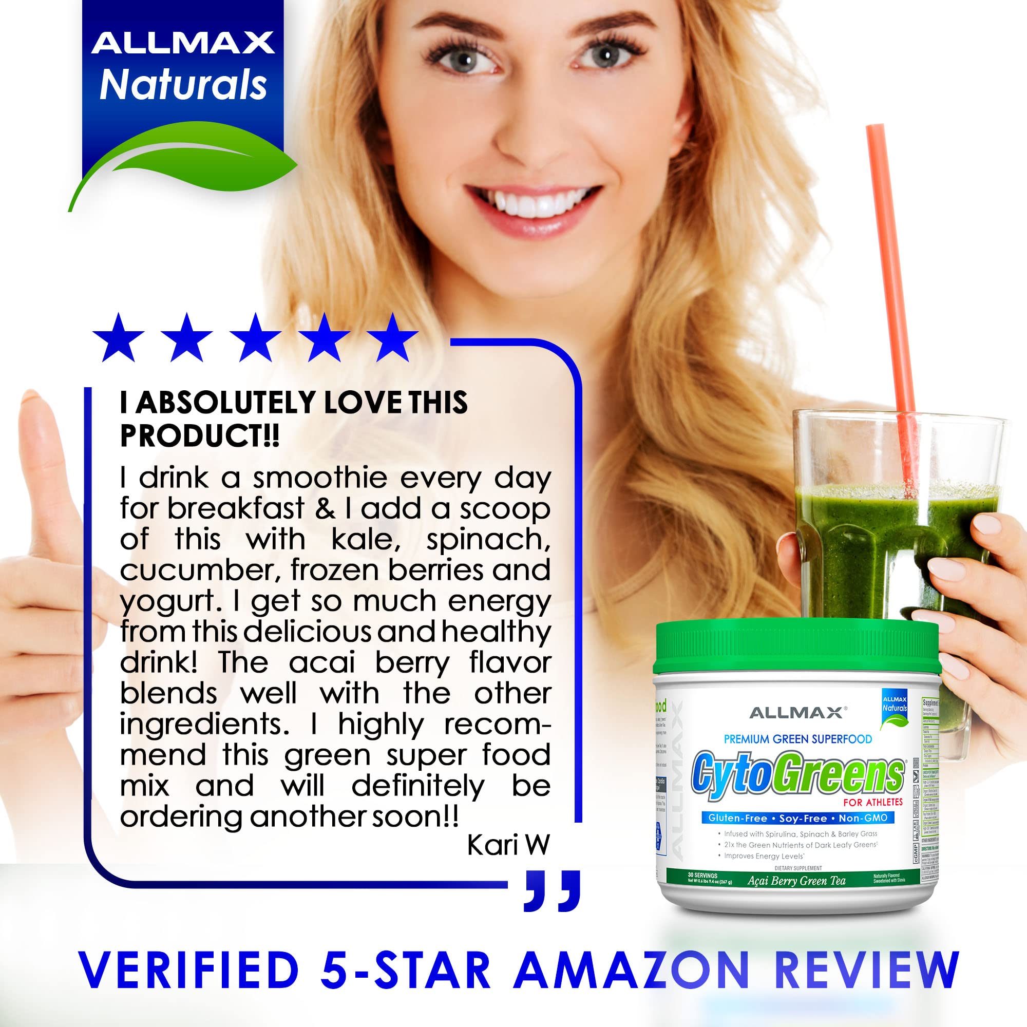 ALLMAX CYTOGREENS, Acai Berry Green Tea - 0.6 lbs - Supports Performance, Recovery & Energy - with Spirulina, Chlorella, Spinach, Barley Grass & Green Tea - 30 Servings 6