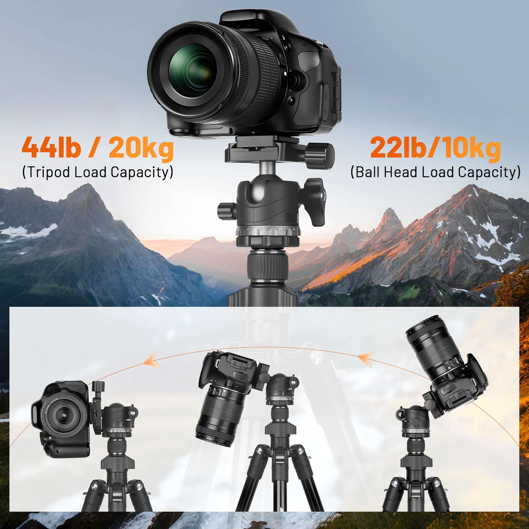 JOILCAN 66" Camera Tripod, Lightweight Travel Tripod with 360° Ball Head & Phone Holder, 22lbs Max Load for DSLR, Camera, Phone, Video & Photography (Grey) 3