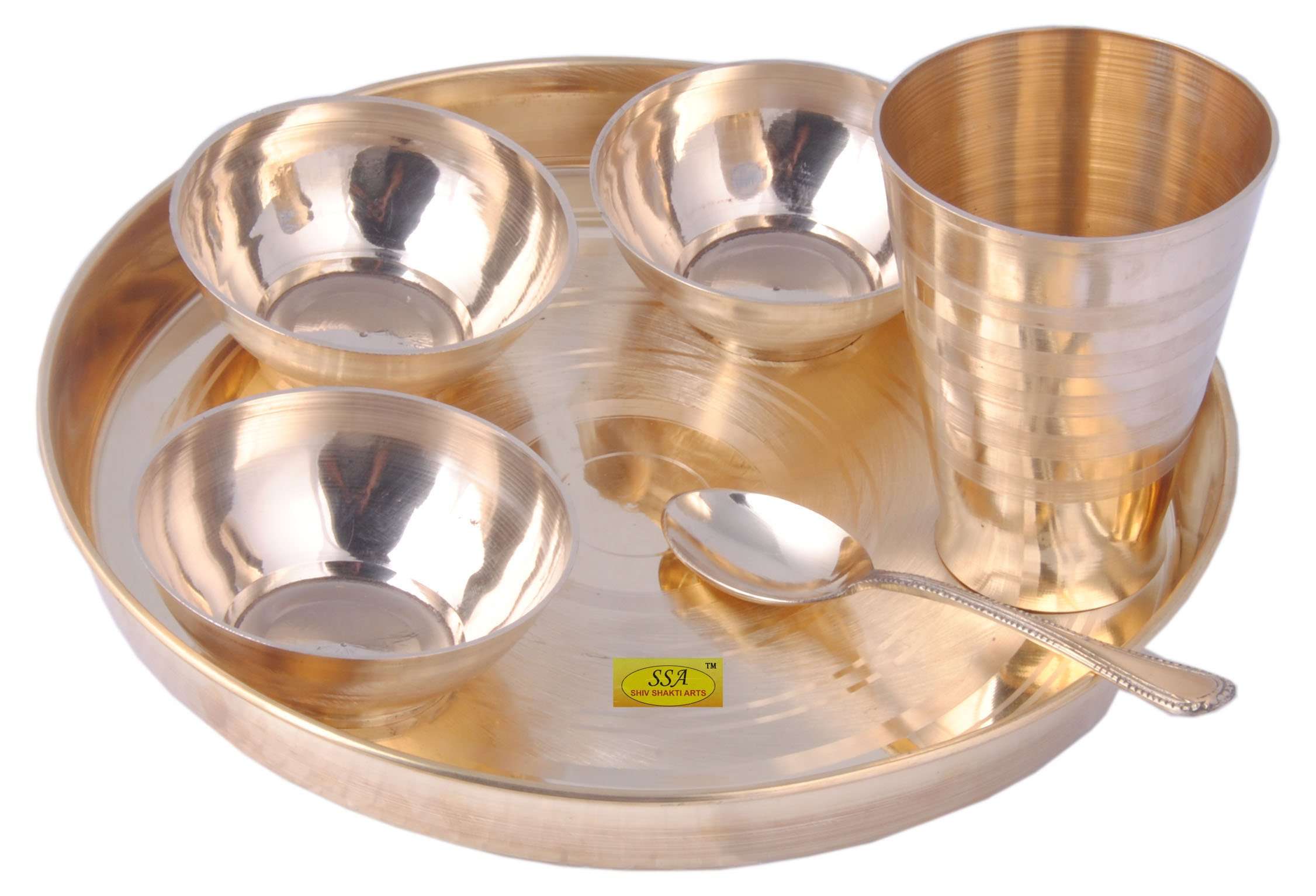 SHIV SHAKTI ARTS Set of 6 Brass Thali Set Luxury Design 6 pcs Each 3 Brass bowls1 glass1 Plate & 1 Spoon Restaurant Ware Home Hotel 4