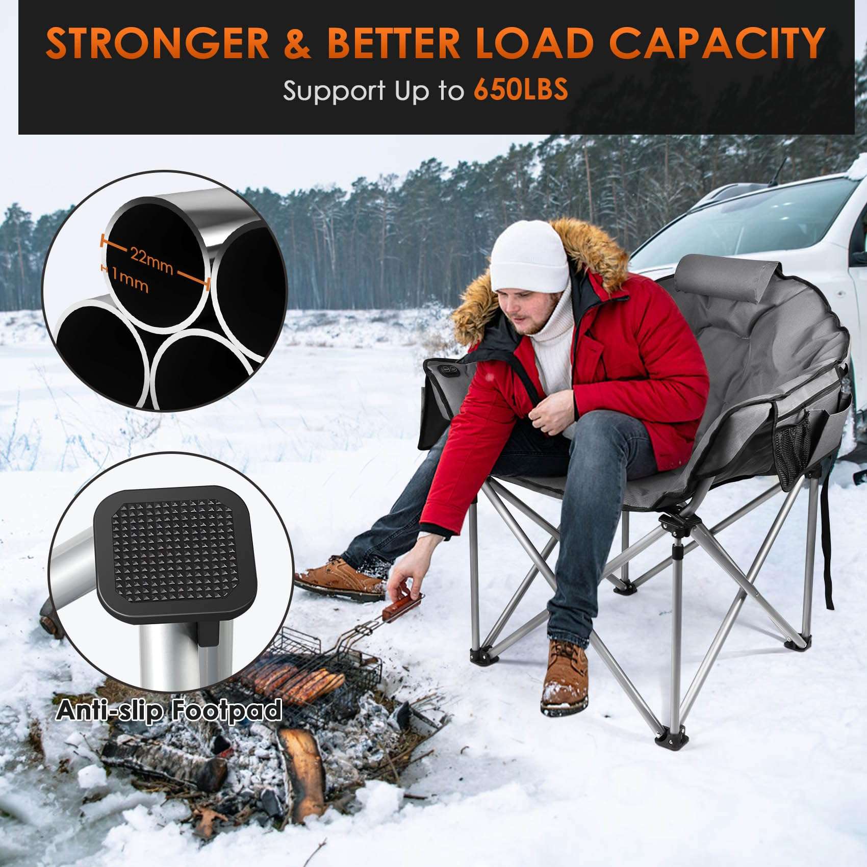 Suteck Heated Camping Chair, Oversized Heated Chairs Outdoor Sports W/3 Heat Levels for Back & Seat, Portable Folding Heated Lawn Chairs for Patio Outdoor Travel, (Battery NOT Included) Grey 4