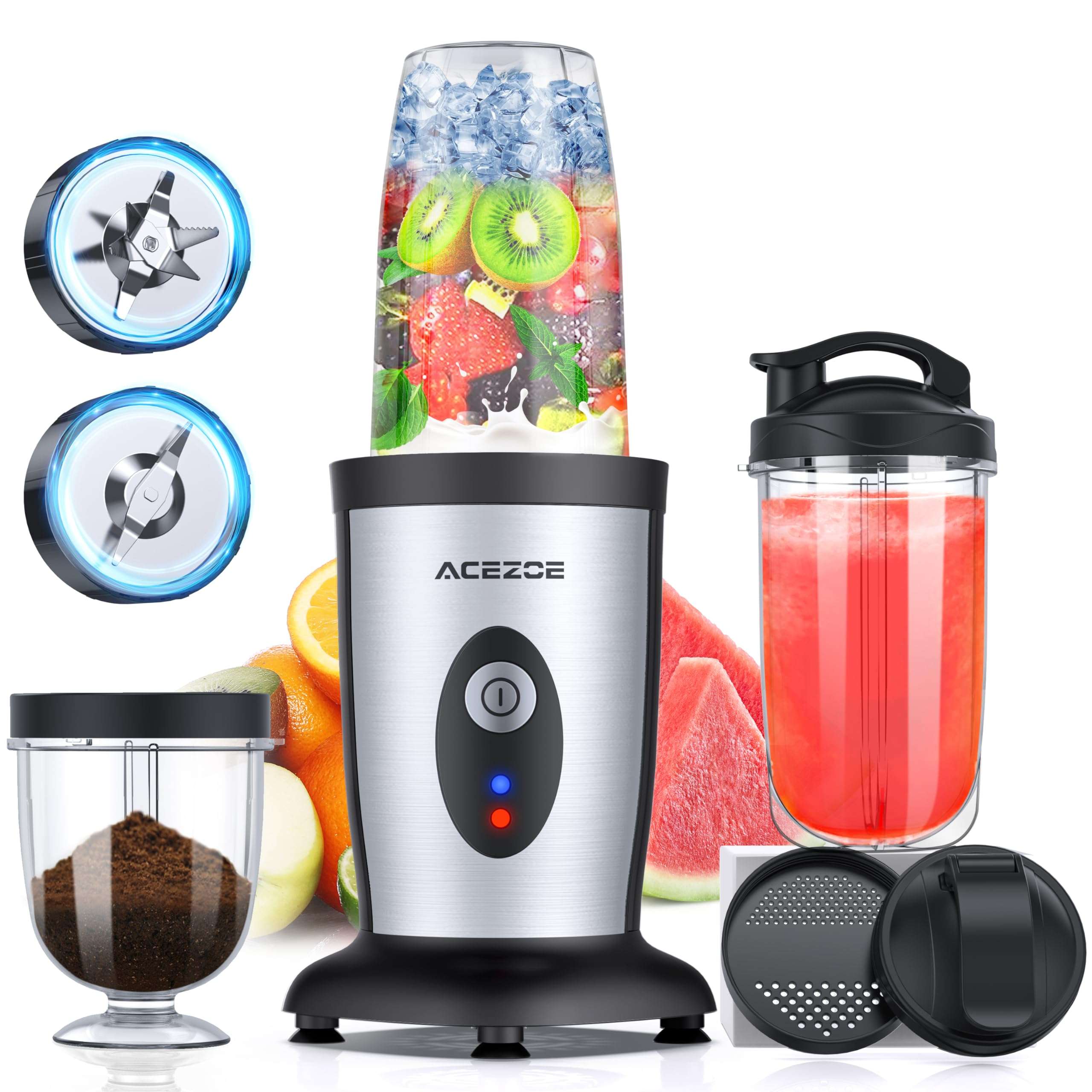 Acezoe Blender Shakes and Smoothies, 850W Portable Blender, One-Button Mixer, 3D 6-leafs, 2x17oz Personal Blender Bottle, BPA Free Kitchen, baby food, Grinding, Juice-Silver 1