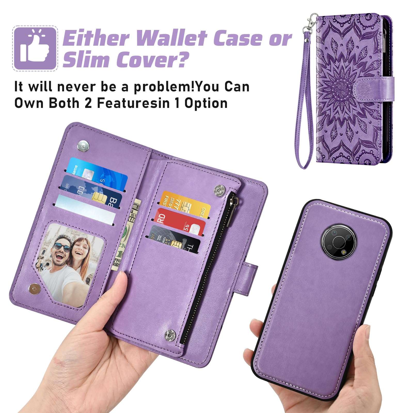 Asuwish Phone Case for Nokia G300 5G N1374DL Zipper Wallet Magnetic Detachable Cell Cover with Screen Protector Crossbody Lanyard Strap Flip Card Holder Slot NokiaG300 G 300 300G 2021 Women Purple 4