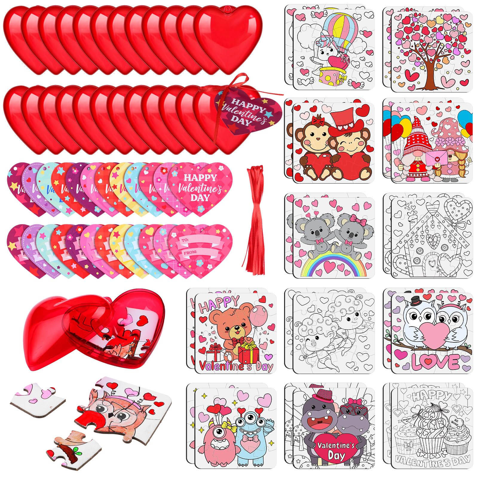 Realspring 24 Set Valentine Puzzles Gifts for Kids Include 24 DIY Color Your Own Valentine‘S Day Jigsaw Puzzles 24 Red Heart Eggs Card for Classroom Reward Exchange Gift Jigsaw Toys Birthday
