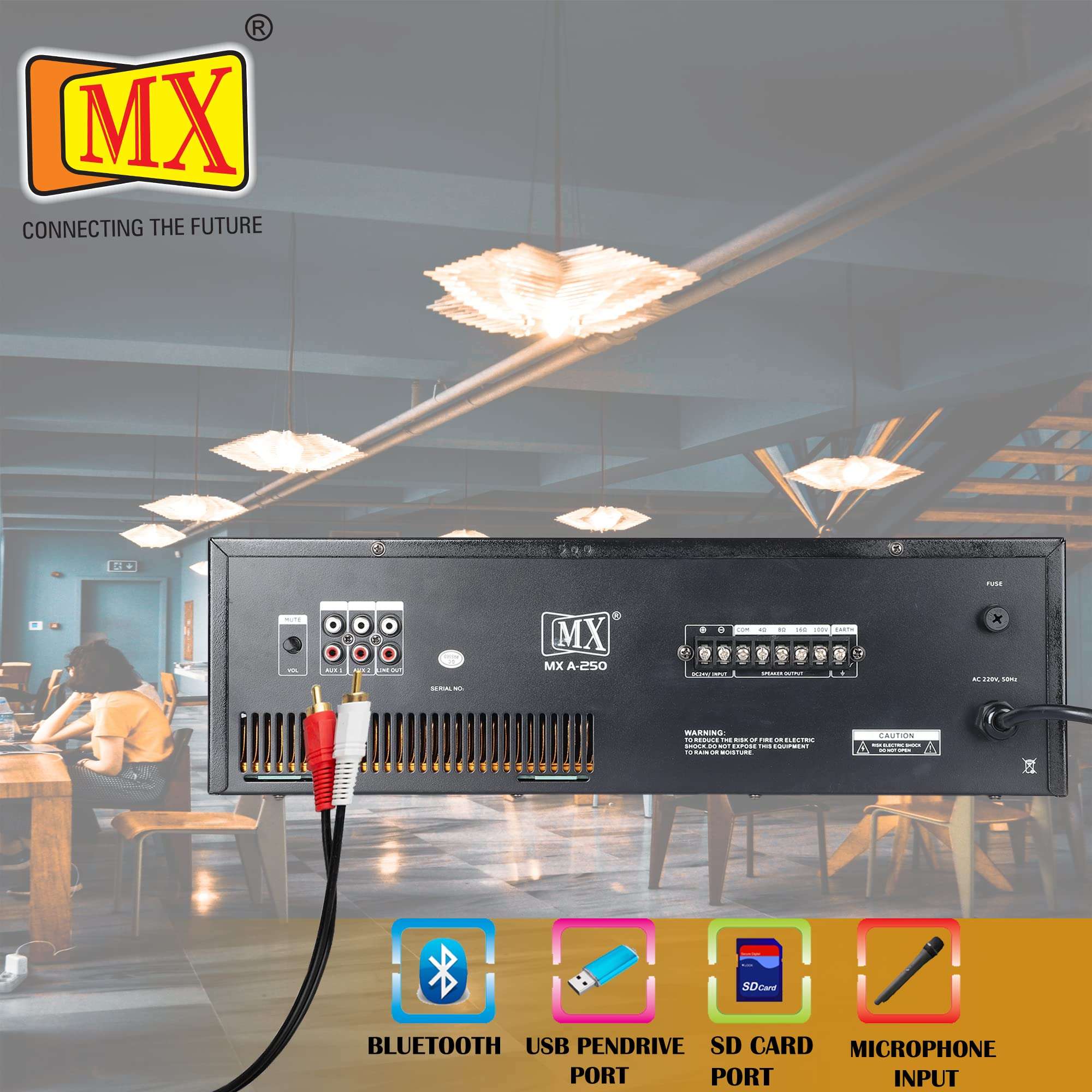 MX (A-250) PA AMPLIFIER WITH LCD DISPLAY,KARAOKE FUNCTION,USB,AUX,MIC,BLUETOOTH,LINE PERFECT FOR HOME AND OUTDOOR FUNCTION 6