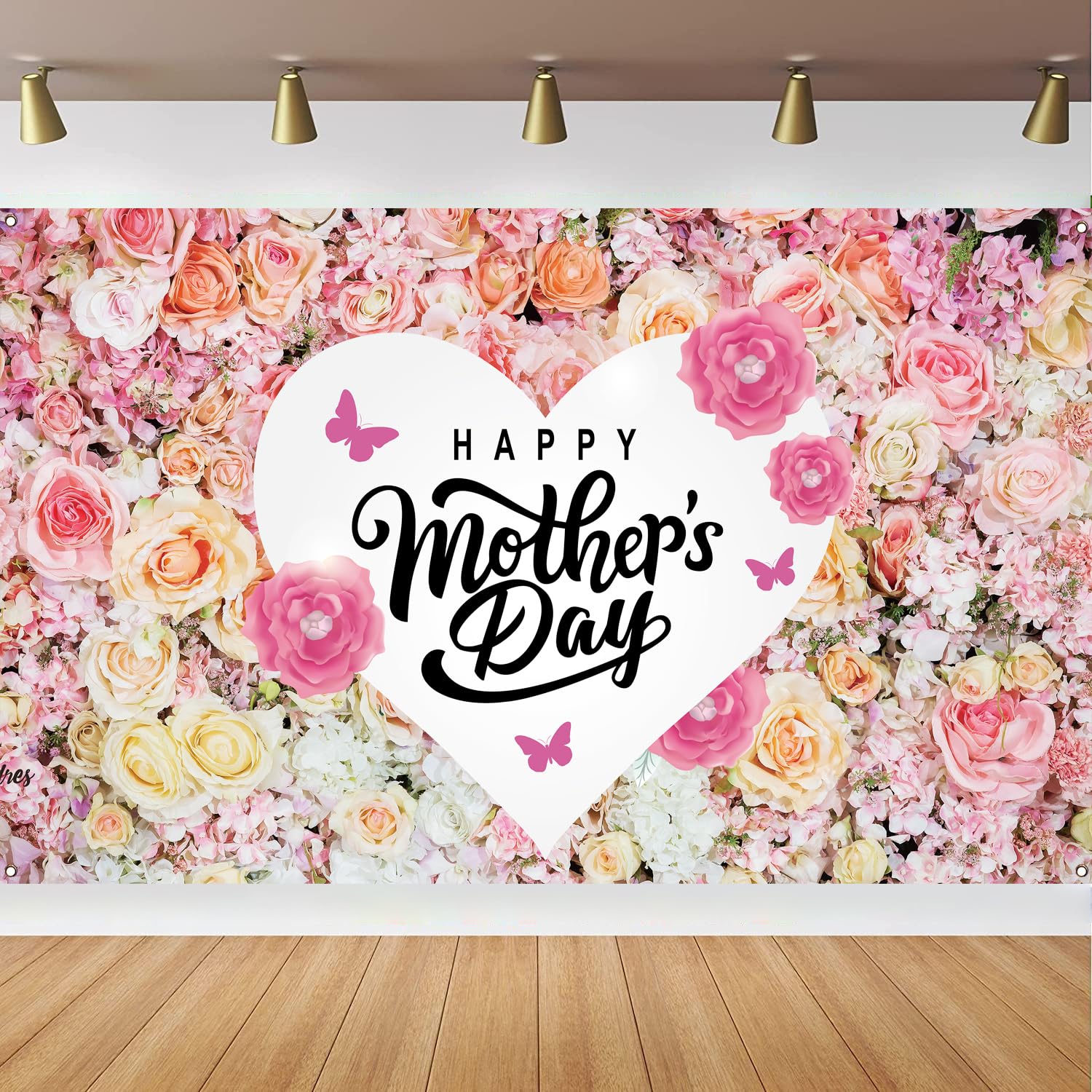 Happy Mothers Day Banner Pink Flower Backdrop for Mother’s Day Party Decorations, 71 x 43 Inch 1
