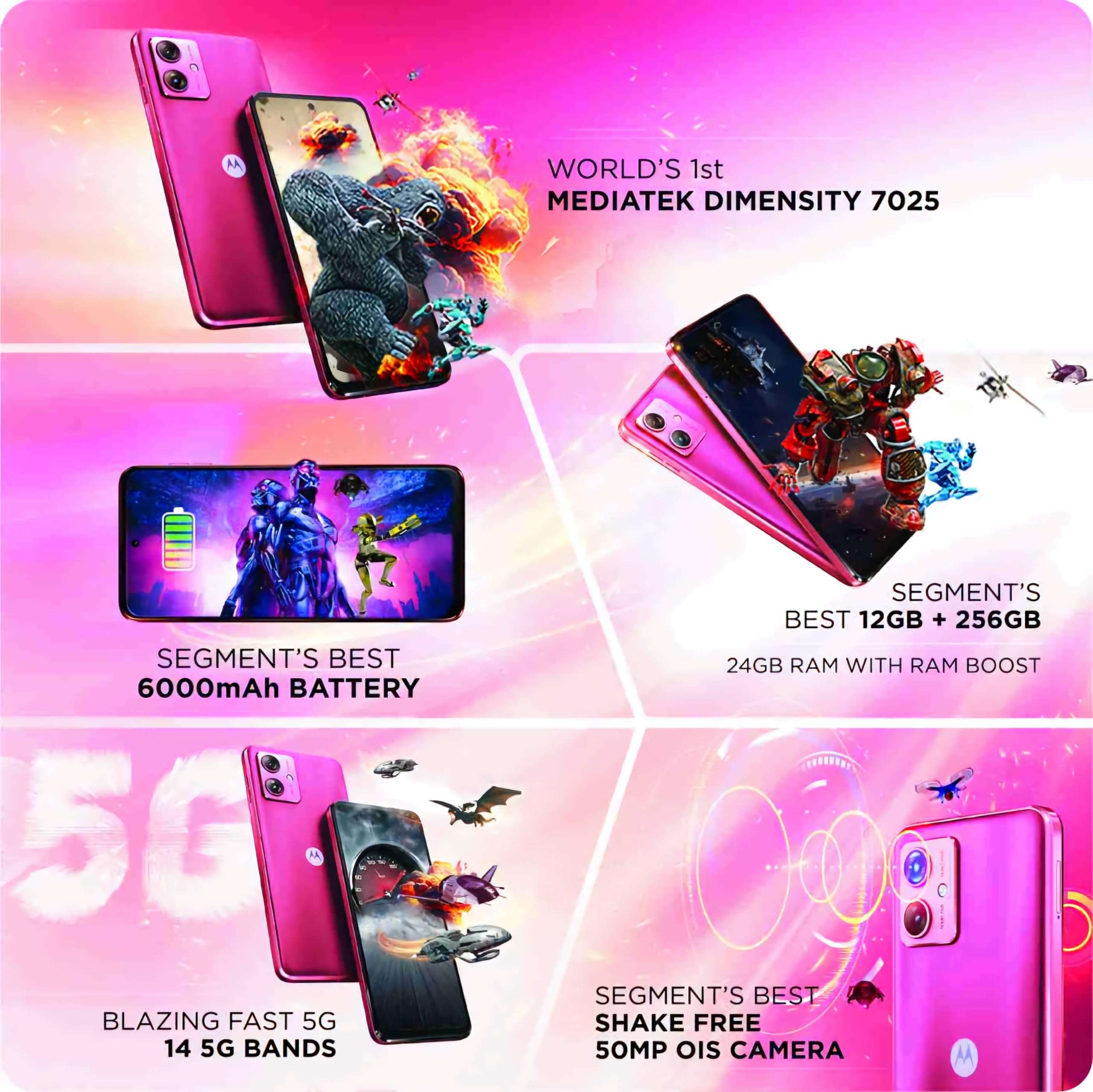 Motorola G64 5G (Red Berry, 12GB RAM, 256GB Storage) | Expandable Upto 2TB | Upto 24GB RAM with RAM Boost | 50MP (OIS) + 8MP | 16MP Front Camera | MediaTek Dimensity 7025 Processor | 6000 mAh Battery 3