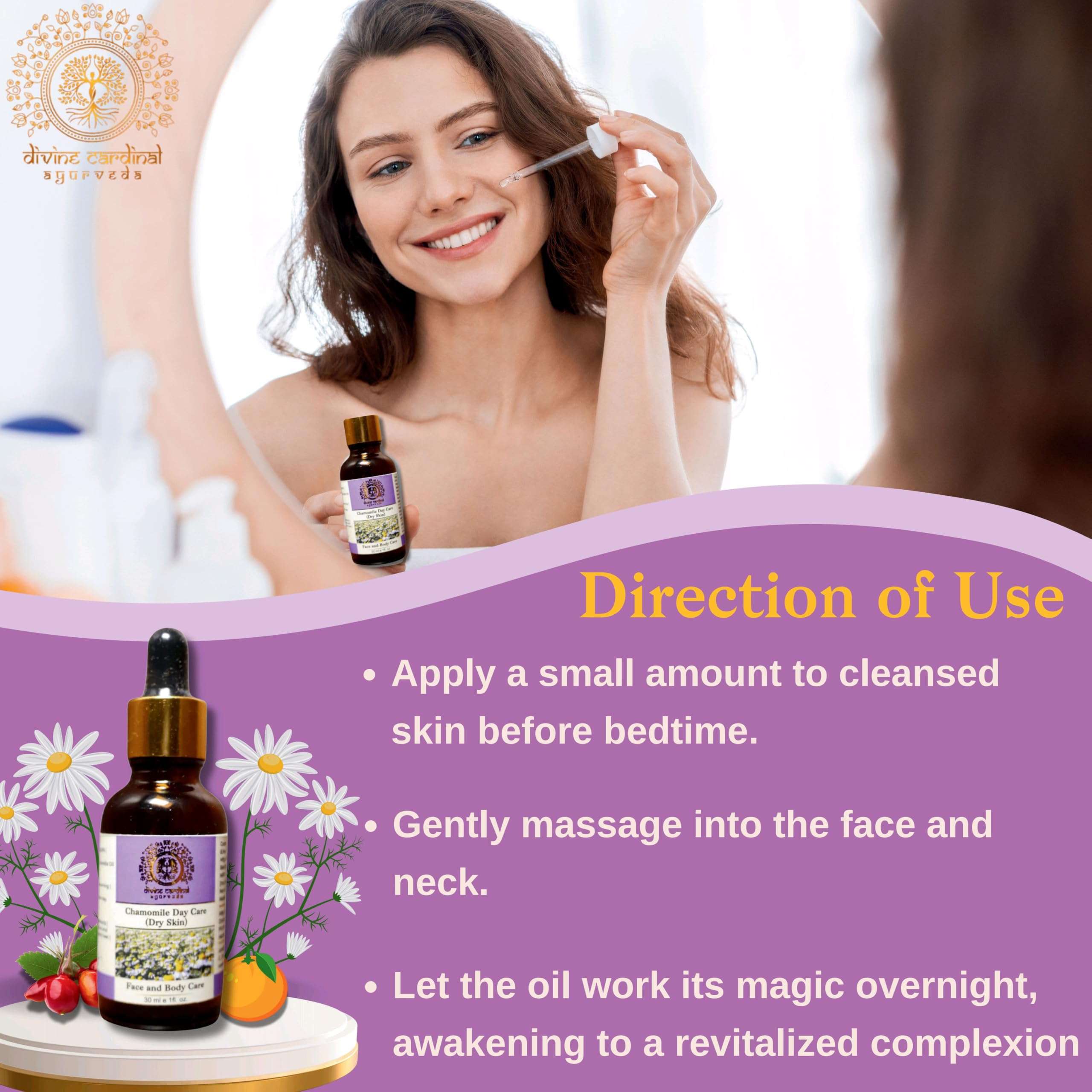 Divine Cardinal Chamomile Day Care Oil Vitamin C Serum Natural Moisturizer for Dry Skin - Enriched with Chamomile, Mandarin,Sandalwood & Rosehip for Hydration & Nourishment Face Serum For Men & Women 3