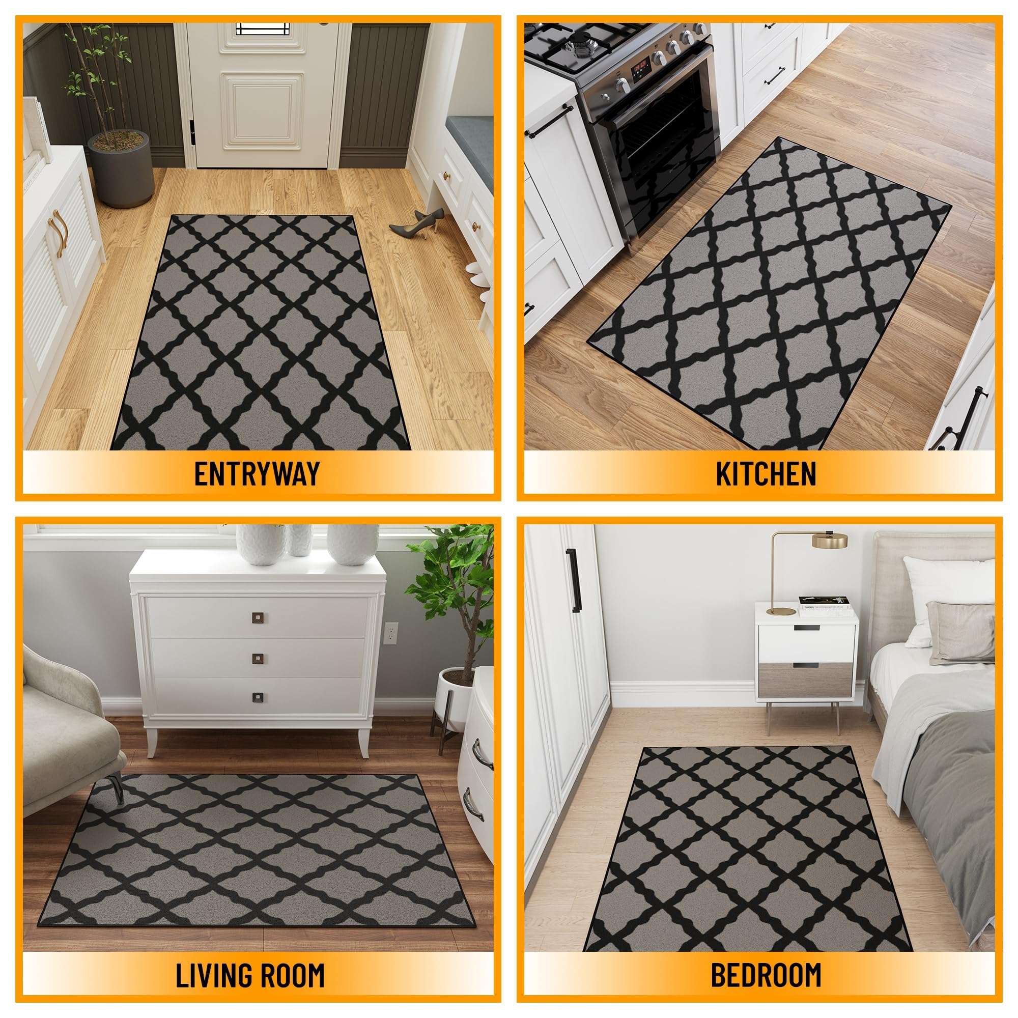 Ottomanson 3'3" x 5' Rugs for Living Room Trellis Area Rug for Bedroom - Non Slip Durable Large Floor Carpet for High Traffic Areas - Indoor Rug for Dining Room Kitchen Kids Playroom, Dark Gray 3