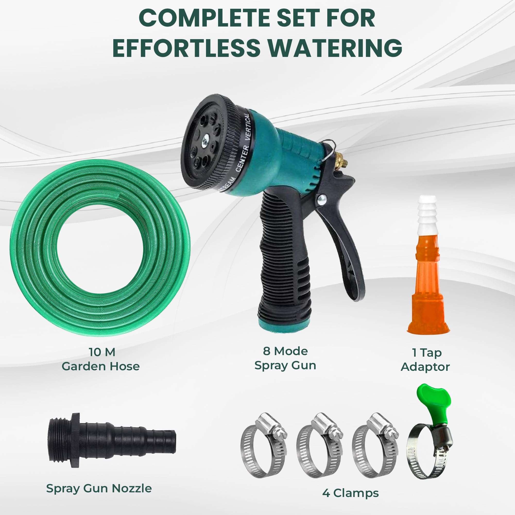 Roots and Leaf 10M 0.5 Inch Braided PVC Garden Hose Pipe with 8 Pattern Spray Gun with 4 Clamps and tap Adaptor - Green | Heavy Duty Water Pipe for Garden, Car Washing, Garden Pipe for Home 6