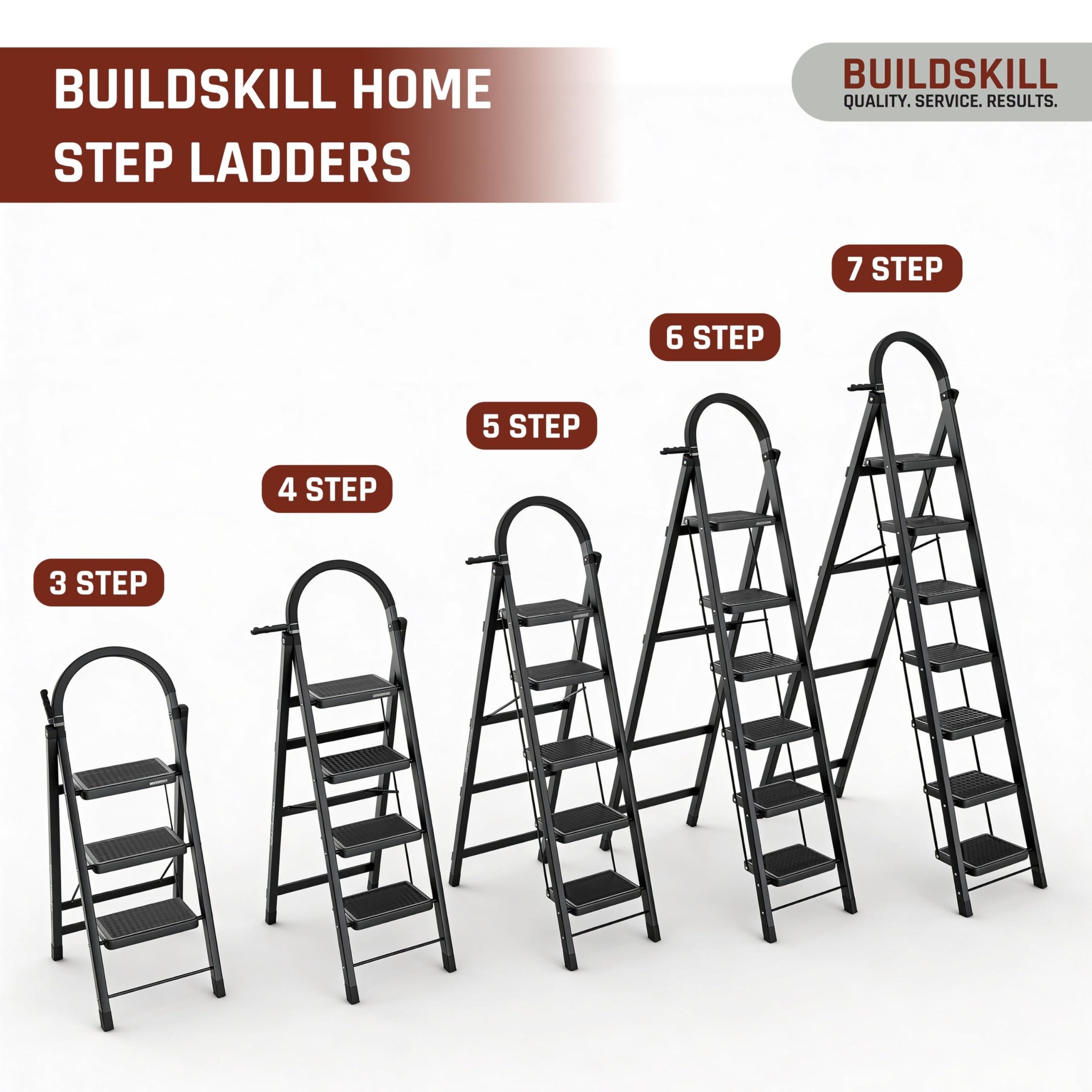 BUILDSKILL Black 6 Step Ladder for Home Use with Built-in Tool Tray | Heavy Duty D Shape Rods | 20 x 30 cm Large Step with Rubber Pad | Secure Lock | 150Kg Capacity Foldable Ladder - 5 Years Warranty 6