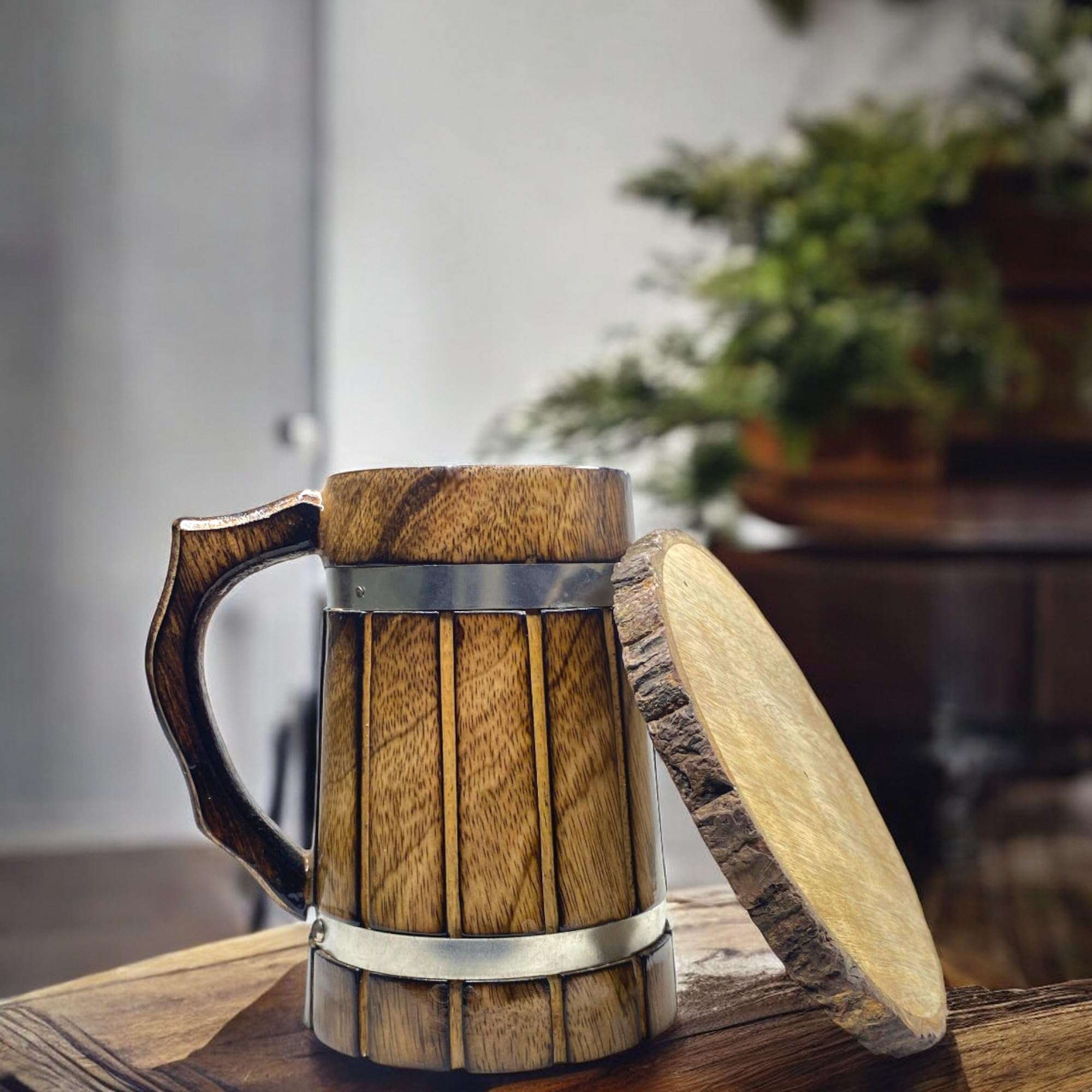 POSHIO Wooden Beer Mugs (600Ml, 6Pcs) with Tree Bark Coasters | Barrel Shaped Beer Mugs Wooden | Mugs for Cocktail Parties - Sturdy Finish | Gift Item Barware 5