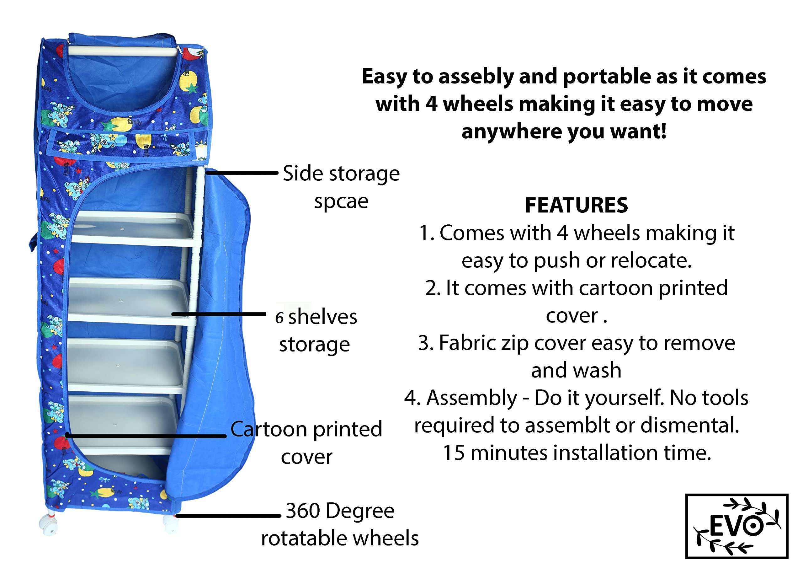 Evoshine® Colorful Design Cotton 5 Cabinet Hanging Baby Almirah, Kids Wardrobe, Cloth Organizer, Folding Almirah, Toy Box (Blue) 6