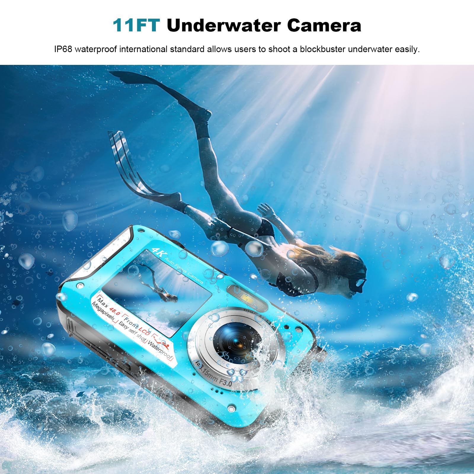 4K Waterproof Digital Camera 11FT Underwater Camera Selfie Dual Screens 48MP Waterproof Camera with 32GB Card 16X Digital Zoom Auto-Focus Underwater Camera for Snorkeling 6
