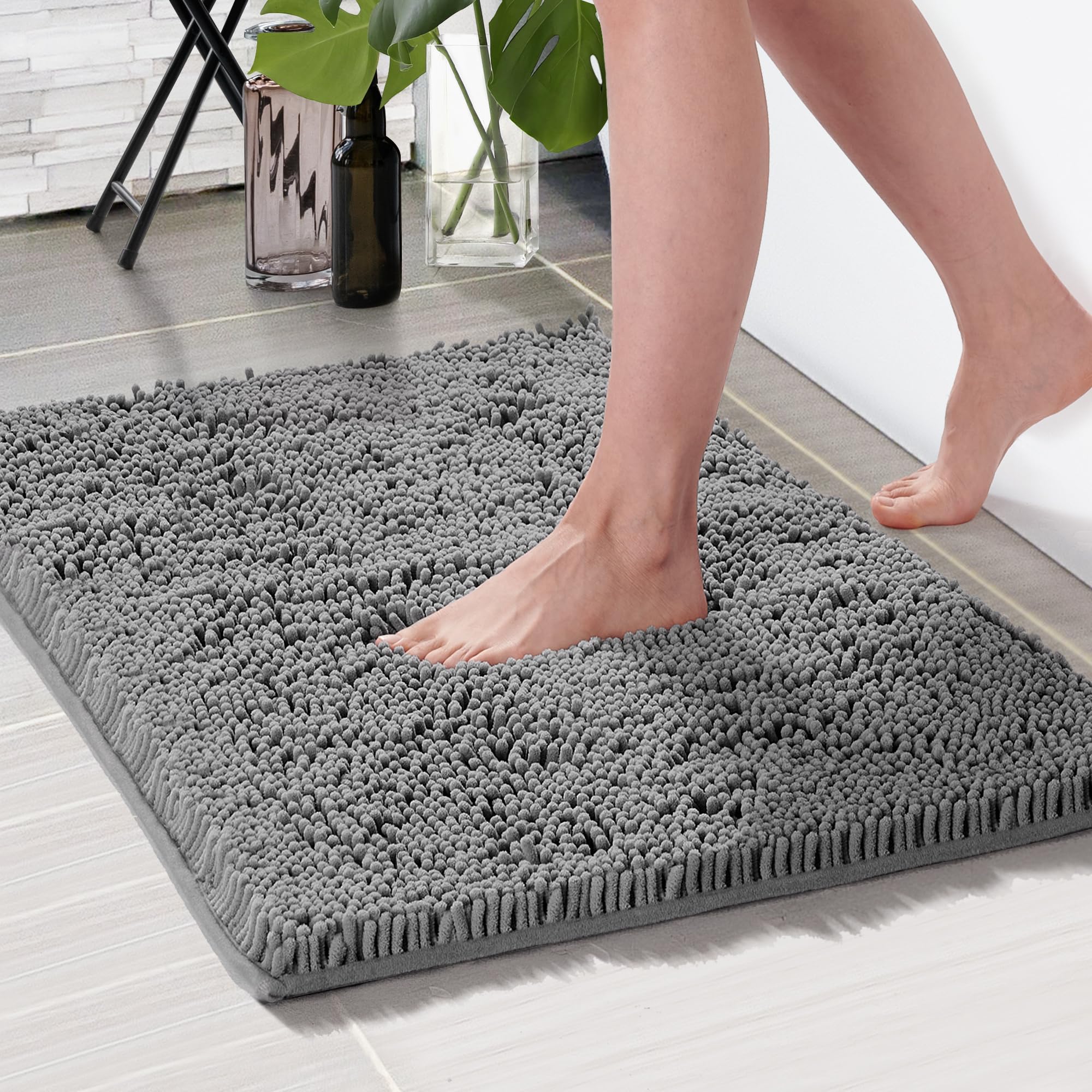 Deconovo Bathroom Rugs, 47"x27.5", Super Soft Plush Chenille Bath Mat, Machine Washable Absorbent Shower Rug, Non-Slip Rubber Backing for Bathroom Shower Entryway Door, Grey 1