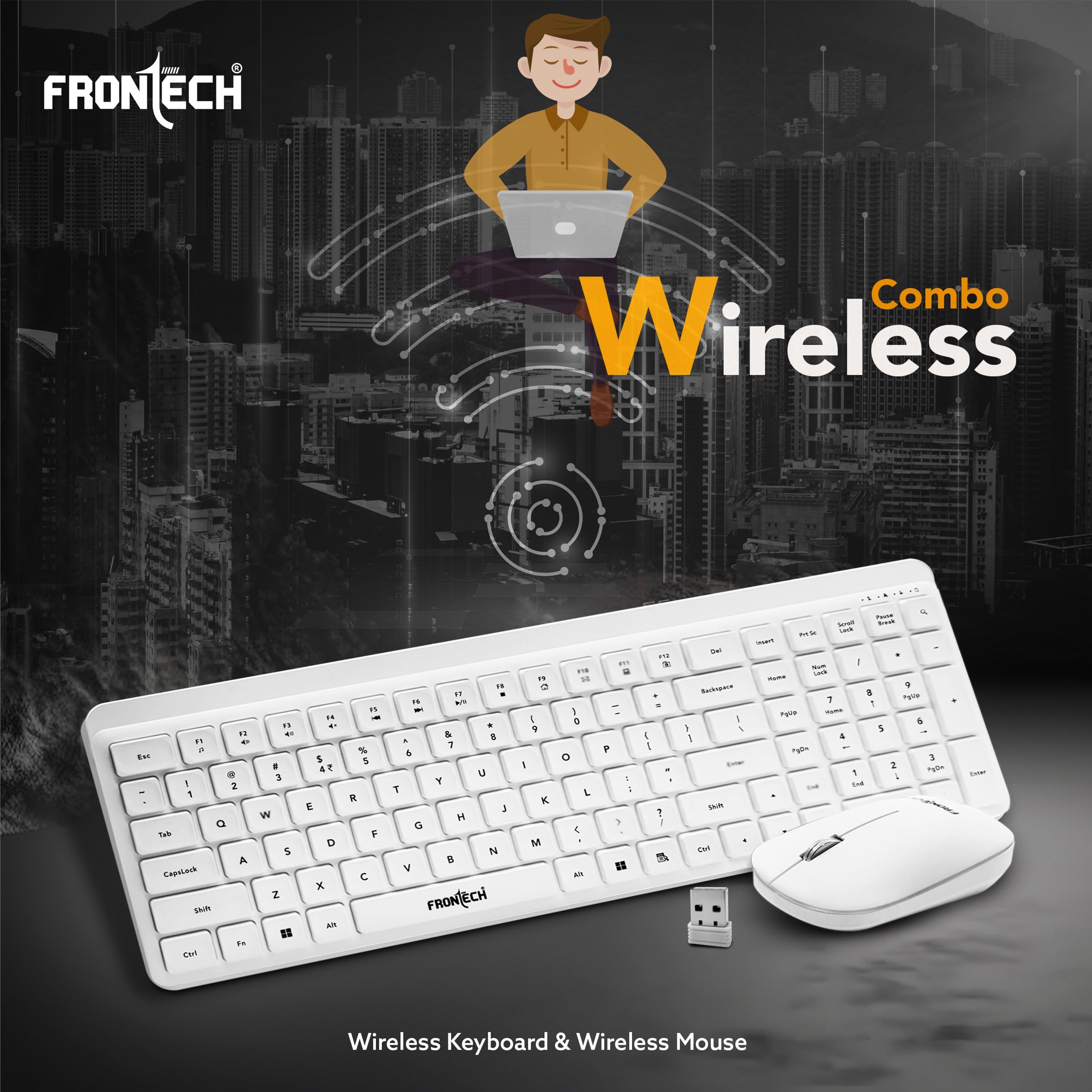 Frontech Wireless Keyboard & Mouse Combo–2.4GHz, 106 Keys, 3200 DPI Mouse, Power-Saving Design, 3-Year Warranty, White (KB-0030P) 3