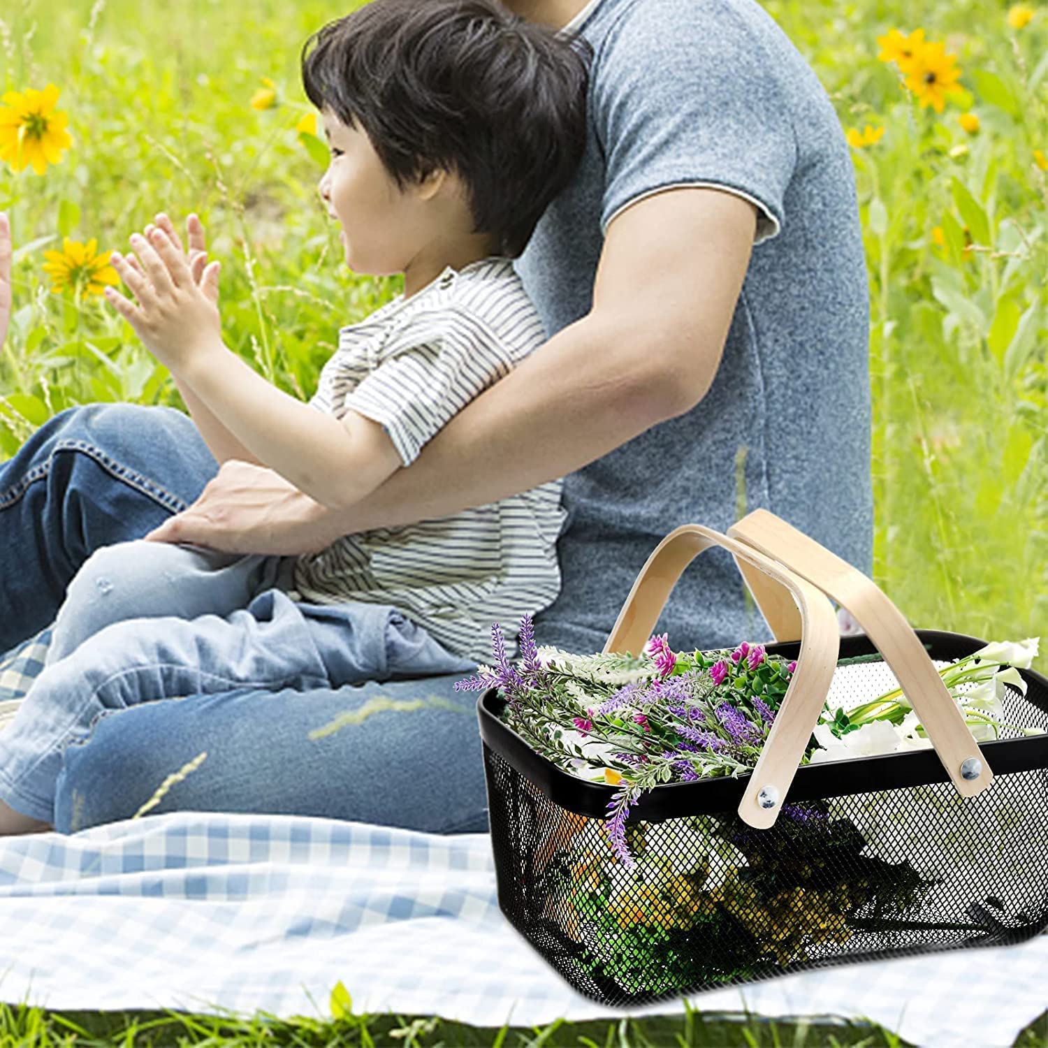 NYTRYD Metal Wire Mesh Steel Storage Organizer Basket Bin with Wood Handle Multi-functional Hanging Basket Solutions for Kitchen Bathroom Garden Home Decor 6