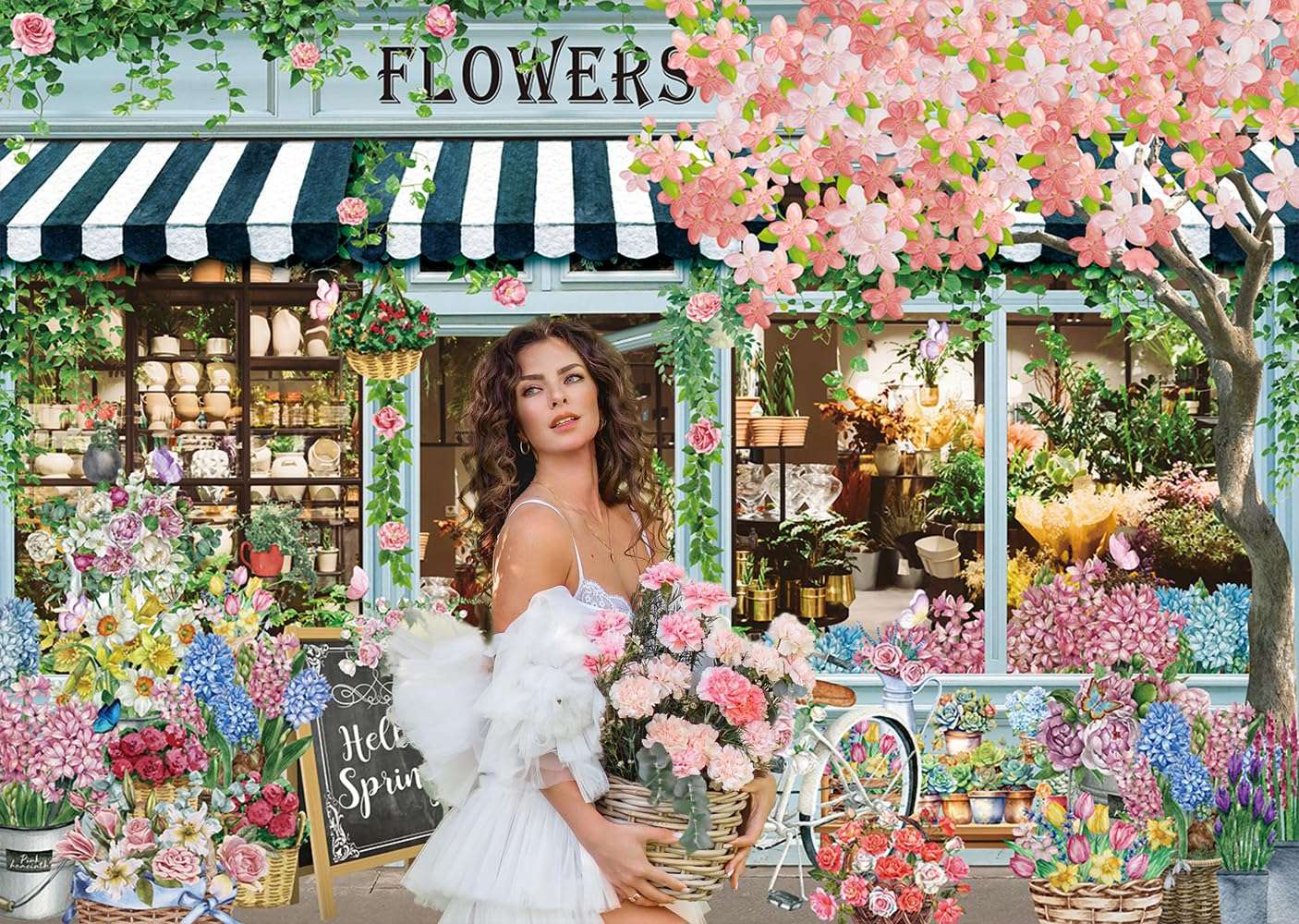 Flowers Shop Backdrop for Photography 10x8FT Spring Florals Butterfly Tea Party Background Hello Spring Banner Decorations Supplies Photo Props 4