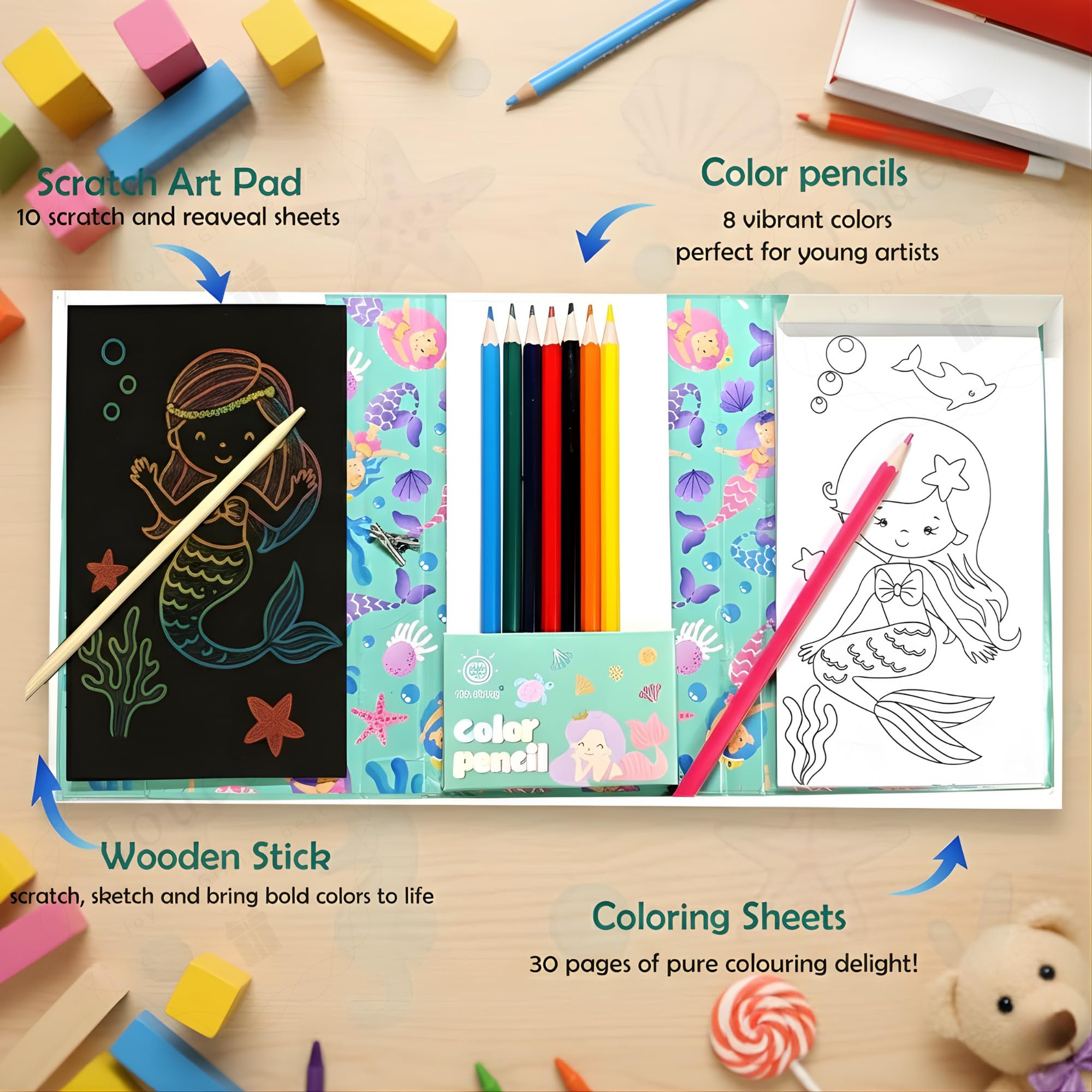 JOUET Mermaid Colouring Book Set for Kids, 30 Pages Coloring Book with 8 Color Pencils, 10 Scratch Art Sheets, Wooden Stylus, Ages 4 and Above 4