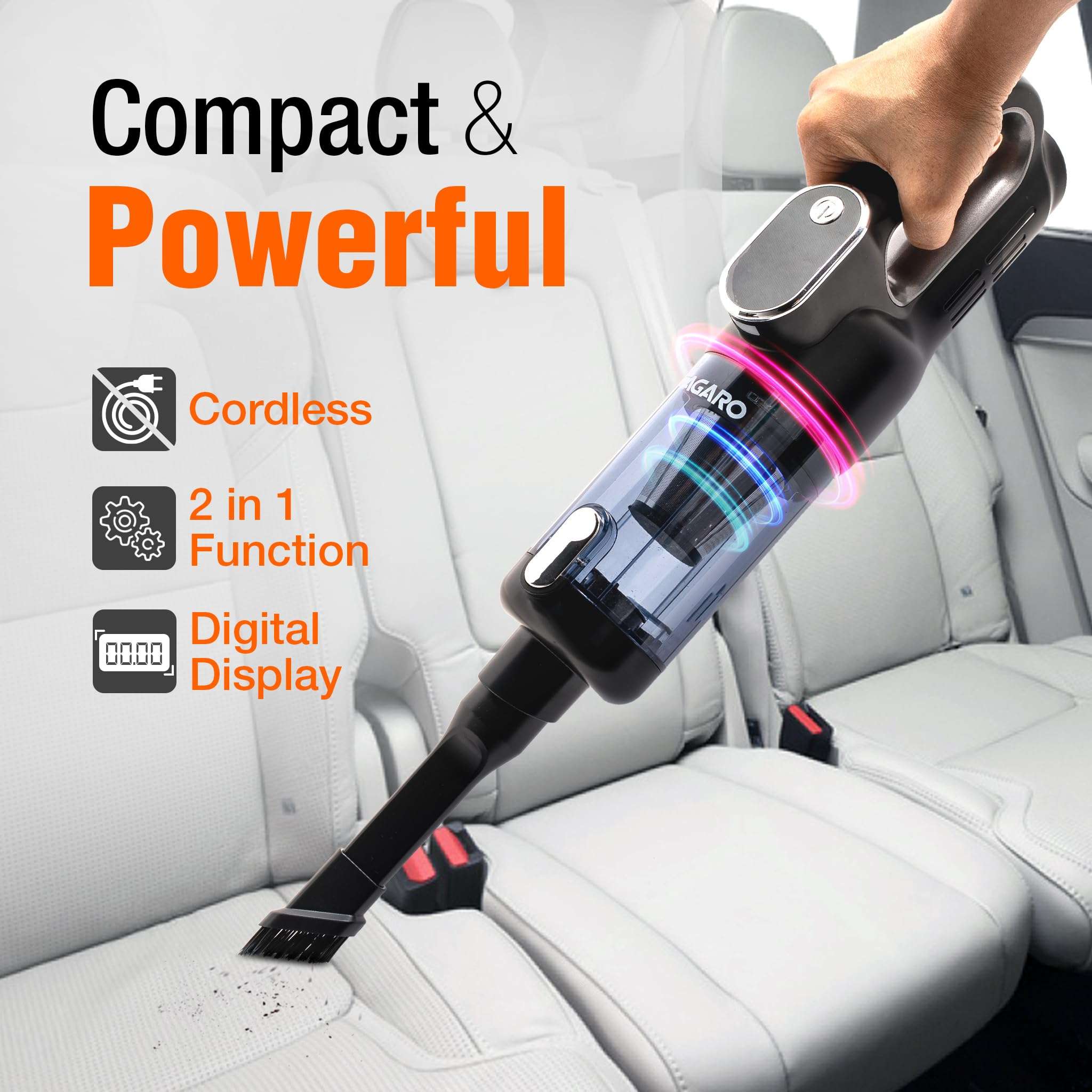 AGARO HVC7799 Cordless Car Vacuum Cleaner, Portable Handheld Vacuum for Car & Home Interiors, 16 kPa High Power Suction, 5000 mAh Rechargeable Battery, Steel HEPA Filter, LED Light, Multiple Nozzles 3