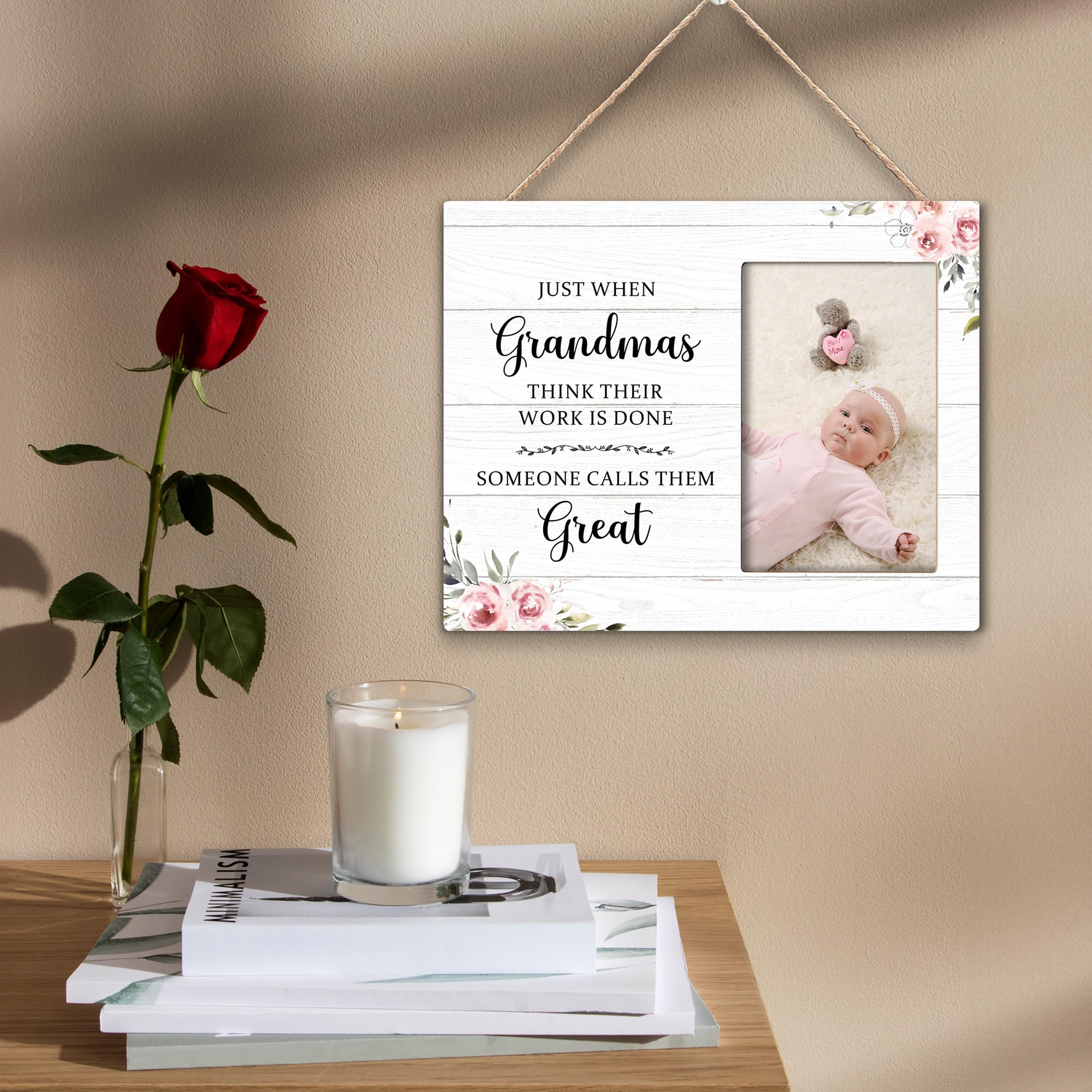 Kneaotoaji Great Grandma Picture Frame - Great Grandma Baby Announcement Gifts, Just When Grandmas Think Their Work Is Done Someone Calls Them Great Wooden Frame for Tabletop or Wall Hanging 4x6 Photo 4