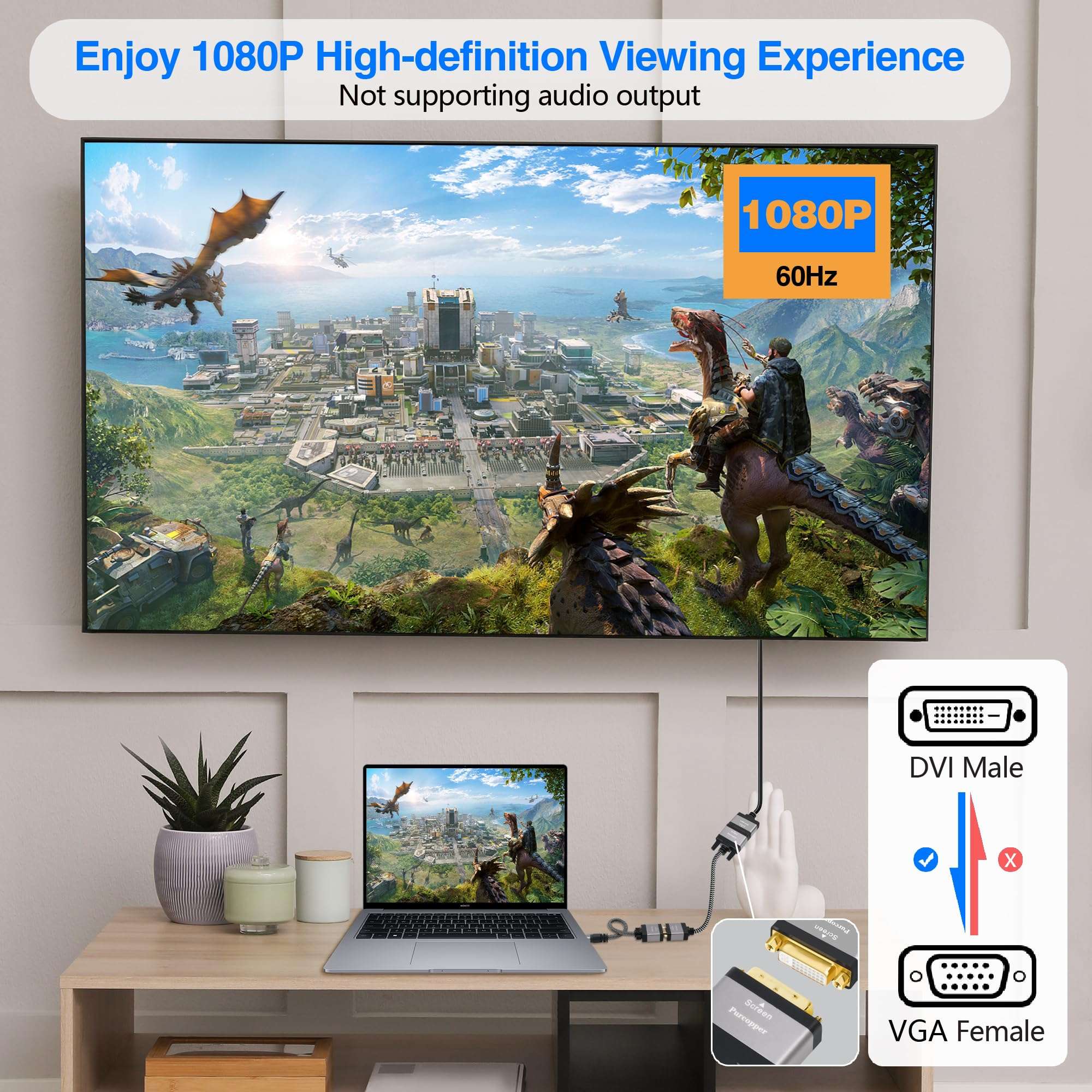 DVI to VGA Adapter 2 Pack, DVI-D 24+1 Male (Source) to VGA Female (Screen) Cable, Braided Cord Converter Connector for Monitor, PC, TV Stick, Raspberry Pi, Computer, Desktop, Laptop, Projector, Xbox 4