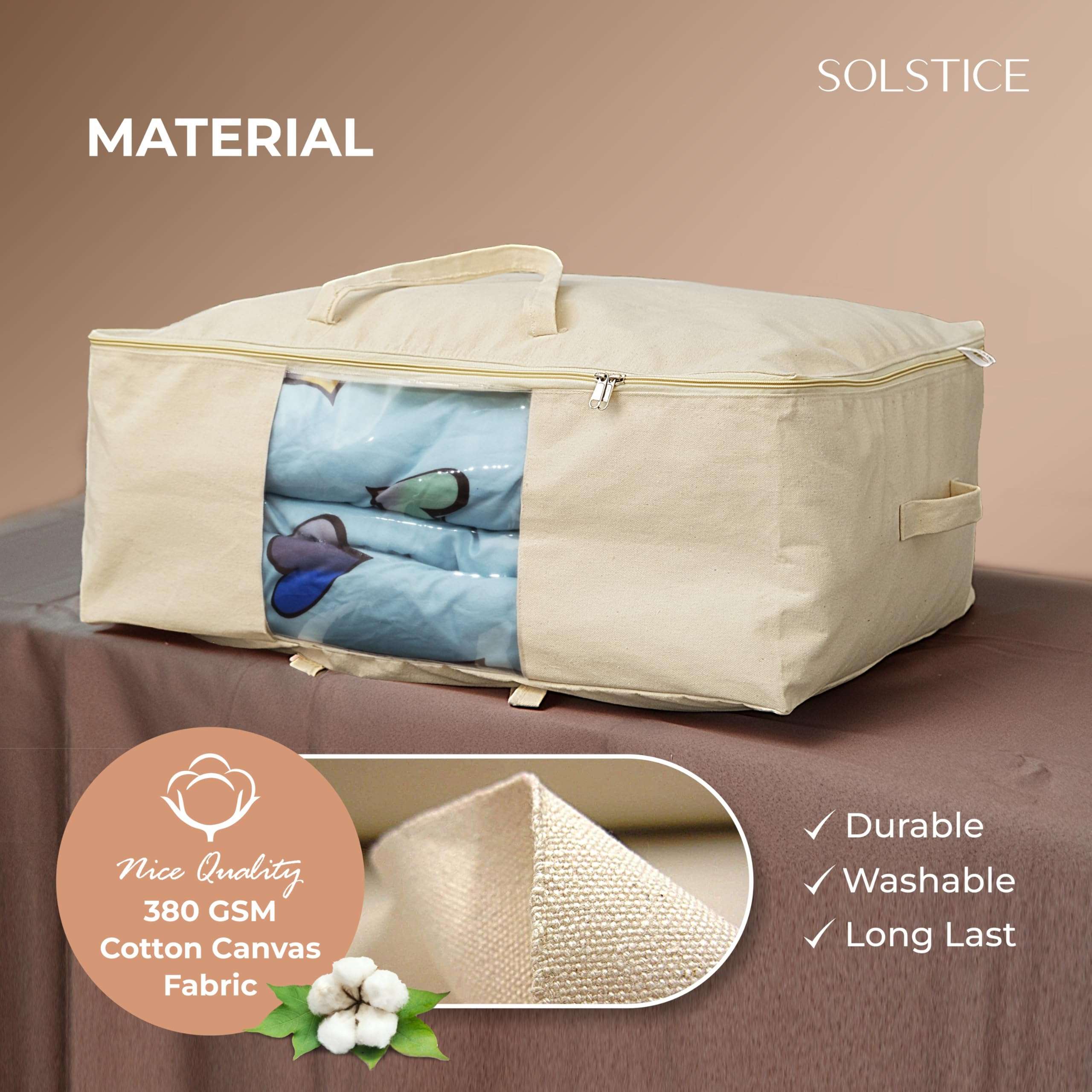 SOLSTICE Extra Large Cotton Canvas Storage Bag 25x19x9 inch with Zipper, 4 Handles & Window for Sarees, Pillows, Blankets & Seasonal Clothes as Wardrobe Organizer and Under Bed Storage | Pack of 2 4
