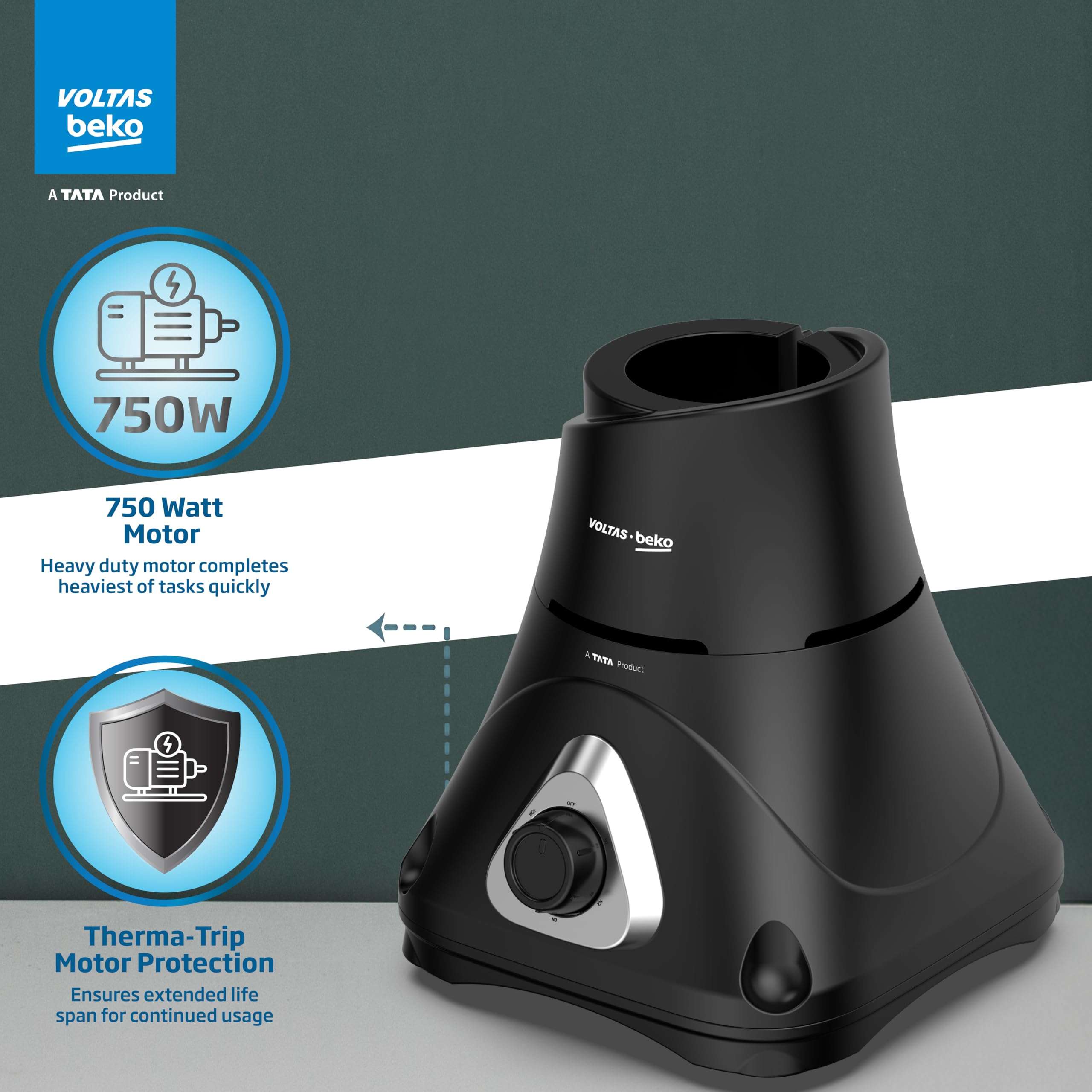 Voltas Beko, A Tata Product Superefficient 750 W Mixer Grinder with GrindX Technology (G7503HP-BL | 3 Jars | Black) 4