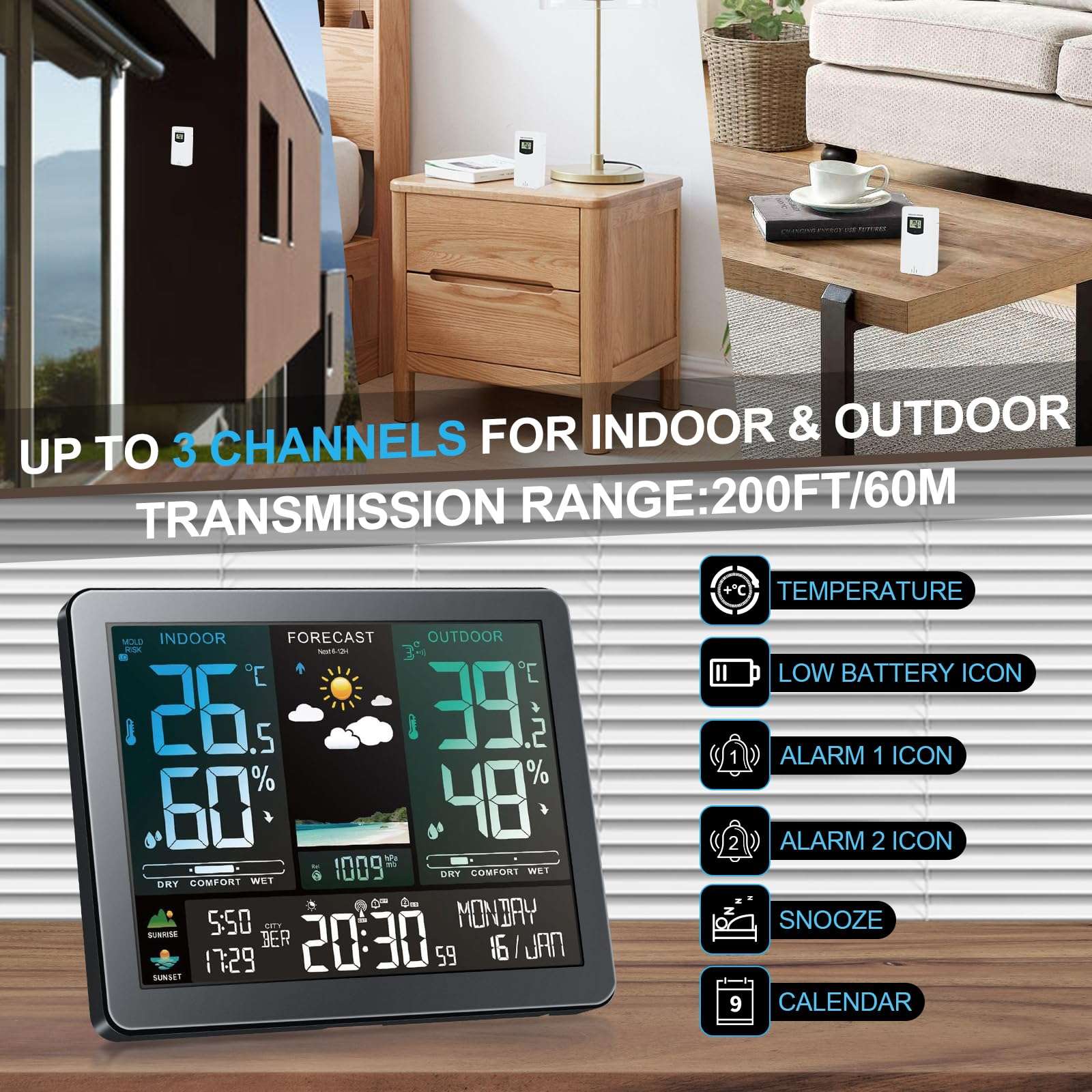 Weather Station with Atomic Clock Indoor Outdoor Thermometer Wireless, Humidity and Temperature Monitor Barometer Hygrometer with High Precision Sensor，Weather Forecast/Barometer Run Chart, Moon Phase 3