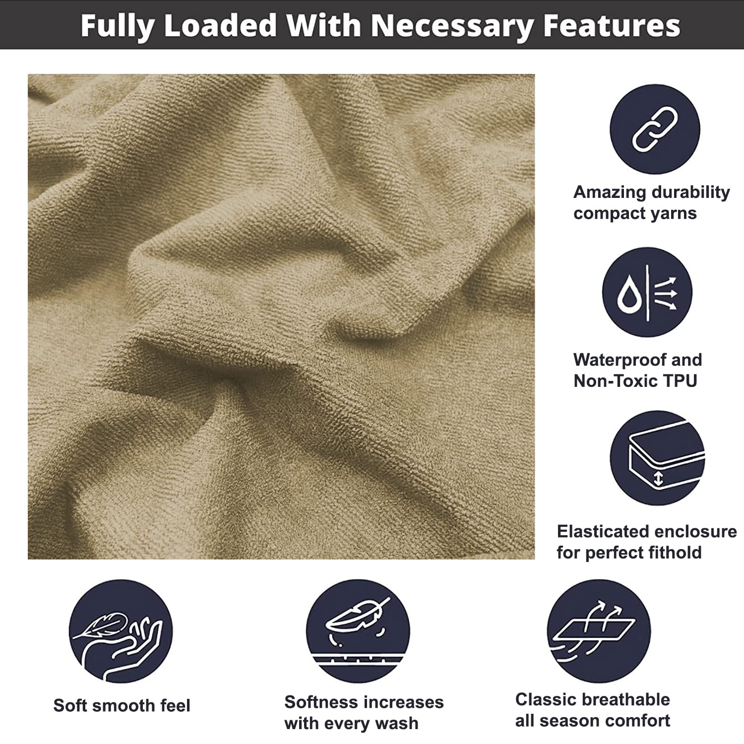 Sassoon Laika Queen Size Mattress Protector 78" X 60" (Pack of 1, Beige) Ultra Soft Waterproof & Dustproof Breathable Bed Mattress Cover for Comfort & Protection Terry Cotton 5