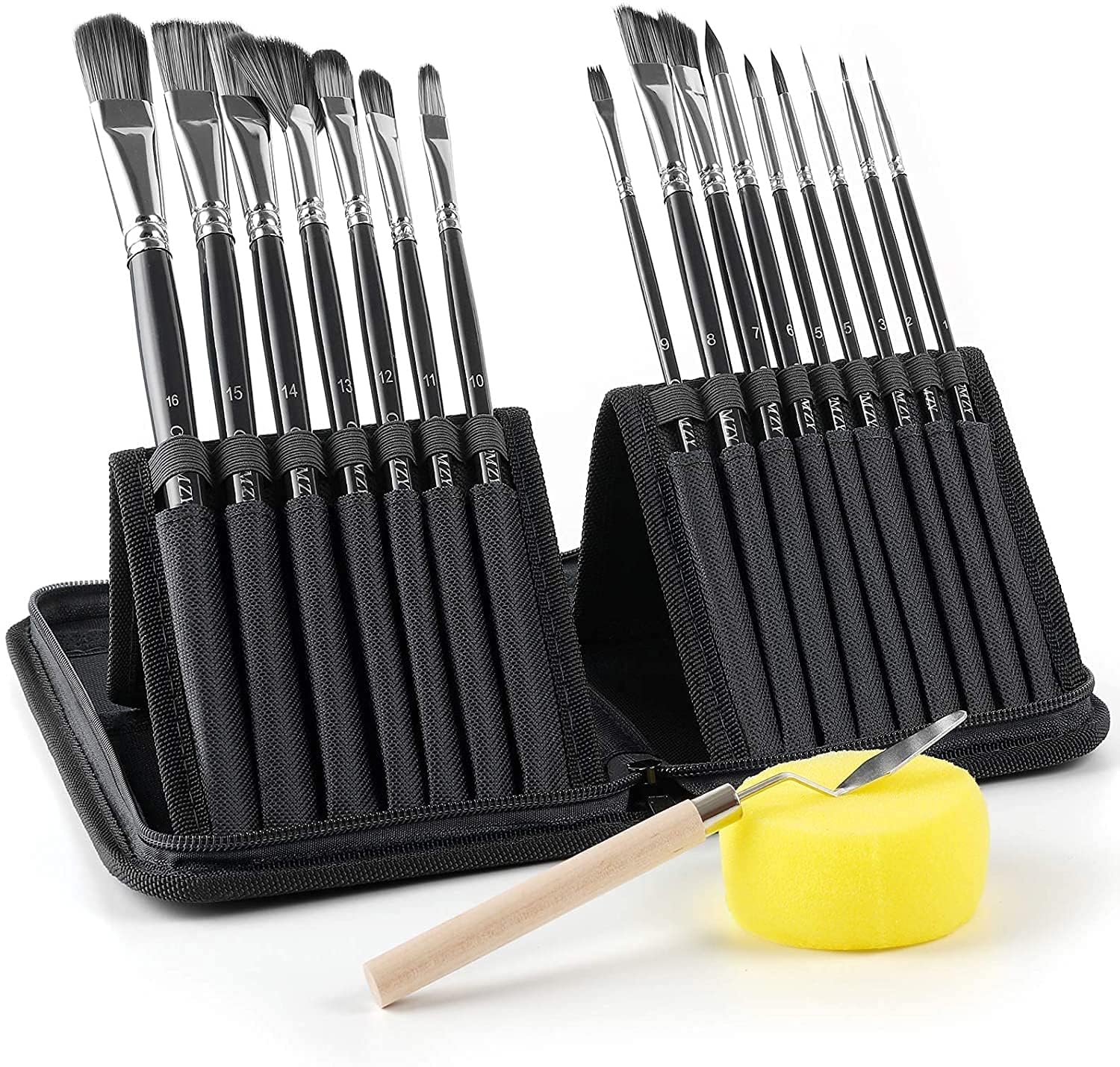 ARROLLIANT 15-Piece Paint Brush Set for Acrylic & Watercolor, Featuring Multiple Shapes, Palette Knife, Sponge, and Wooden Portable Carrying Case 1