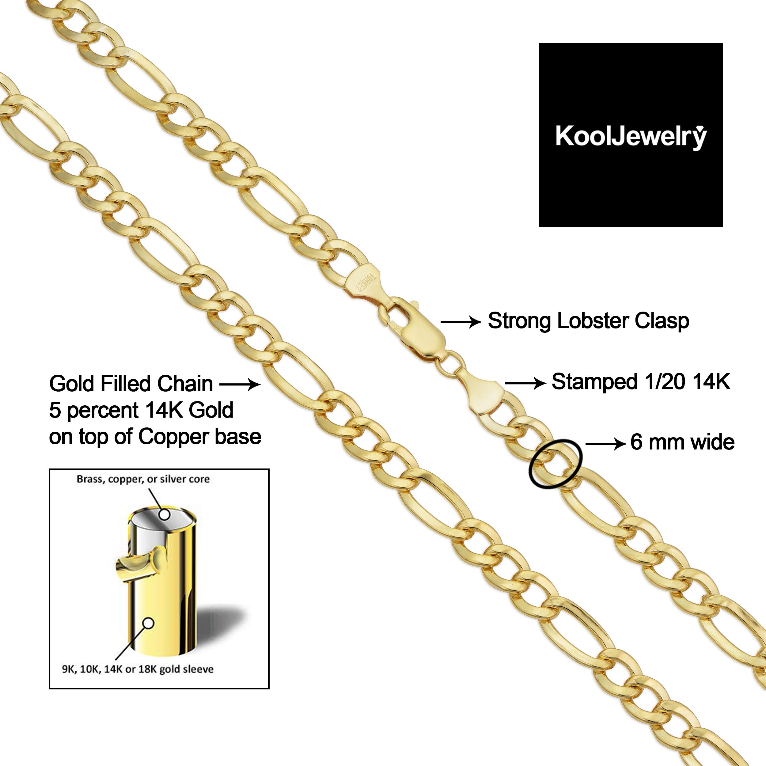 Kooljewelry 14k Yellow Gold Filled Solid Figaro Link Chain Necklace (6 mm, 22 inch) 2