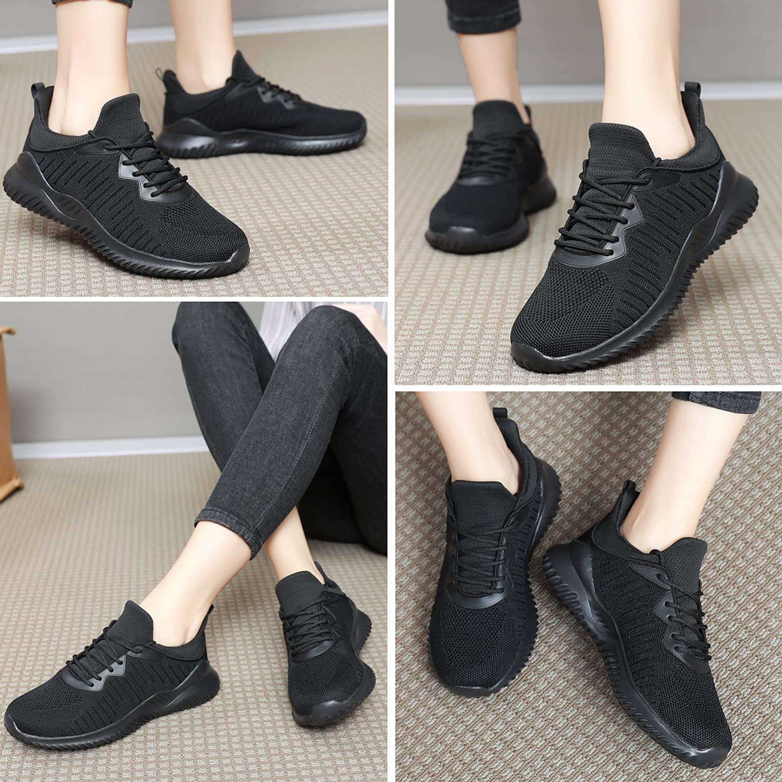 Akk Womens All Black Sneakers - Walking Tennis Shoes Breathable Mesh Running Shoes for Nurses Sports Gym Workout Size 5.5 6