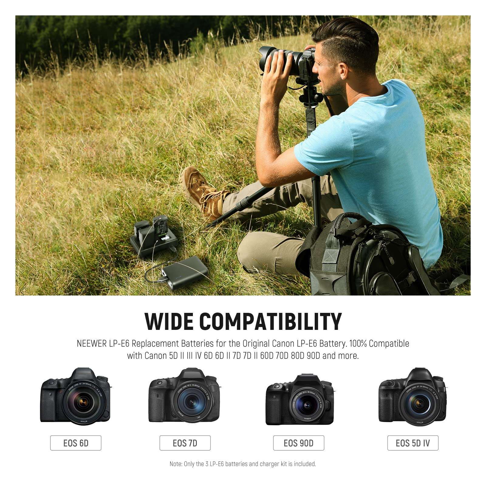 NEEWER LP-E6 Replacement Battery and Charger Set, 3 Pack 2000mAh Replacement for LP-E6 LP-E6N & Triple Slot USB Charger Compatible with Canon EOS 5D Mark II Mark III Mark IV 5D SR 60D 60Da 6D 70D 7D 6