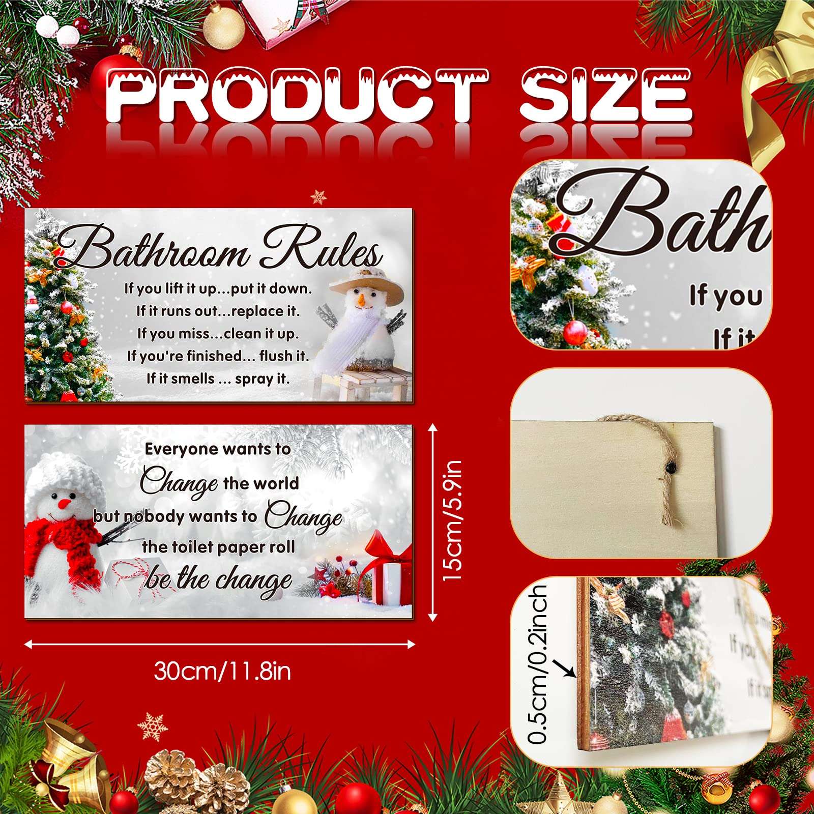 Rustic Wood Christmas Bathroom Decor: 2 Pcs Wall Art Snowman Rules Funny Hanging Accessories 3
