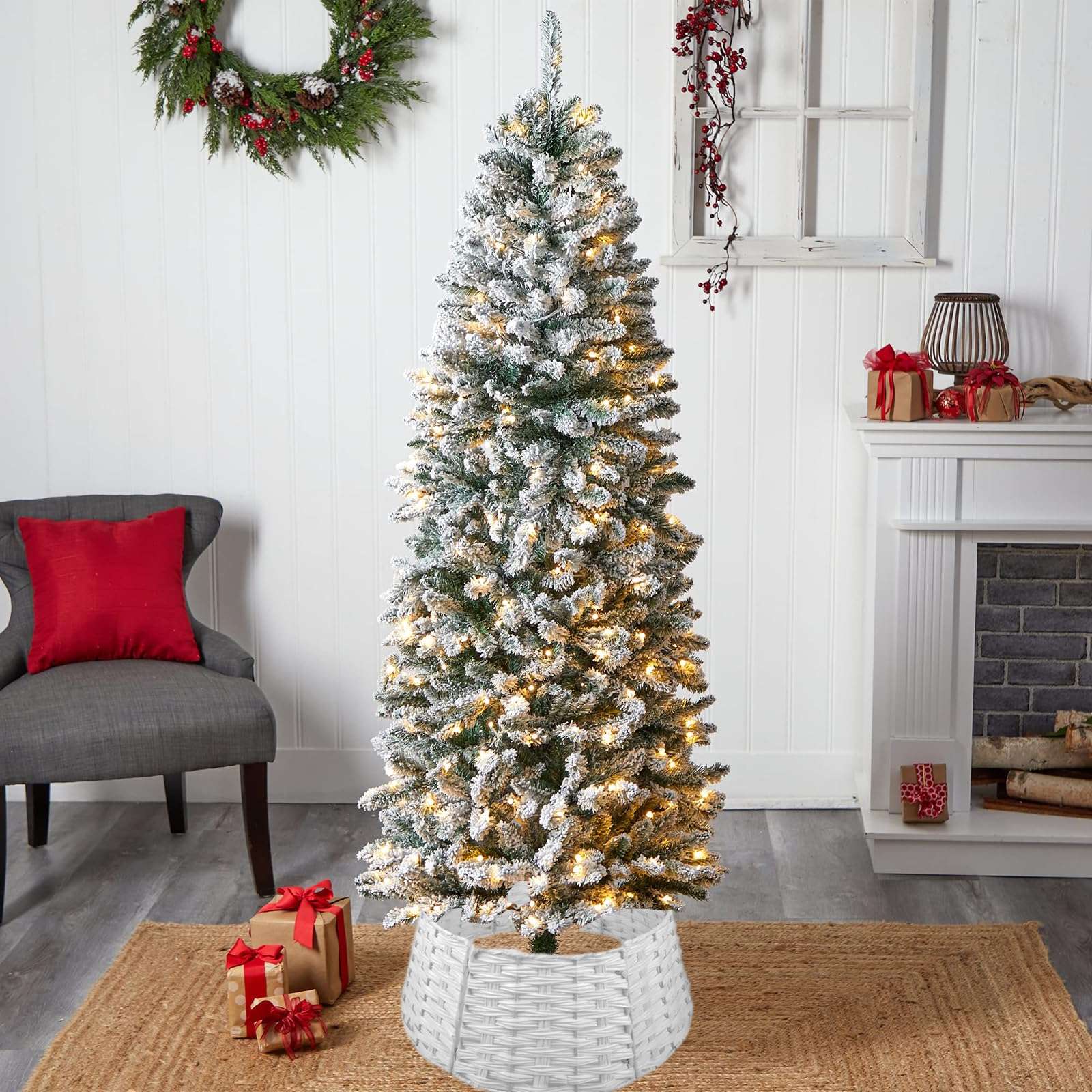 Christmas Tree Collar, Christmas Tree Base Cover, Plastic Wicker Christmas Tree Ring Basket for Artificial Christmas Trees Decoration, 26Inch Diameter White 5